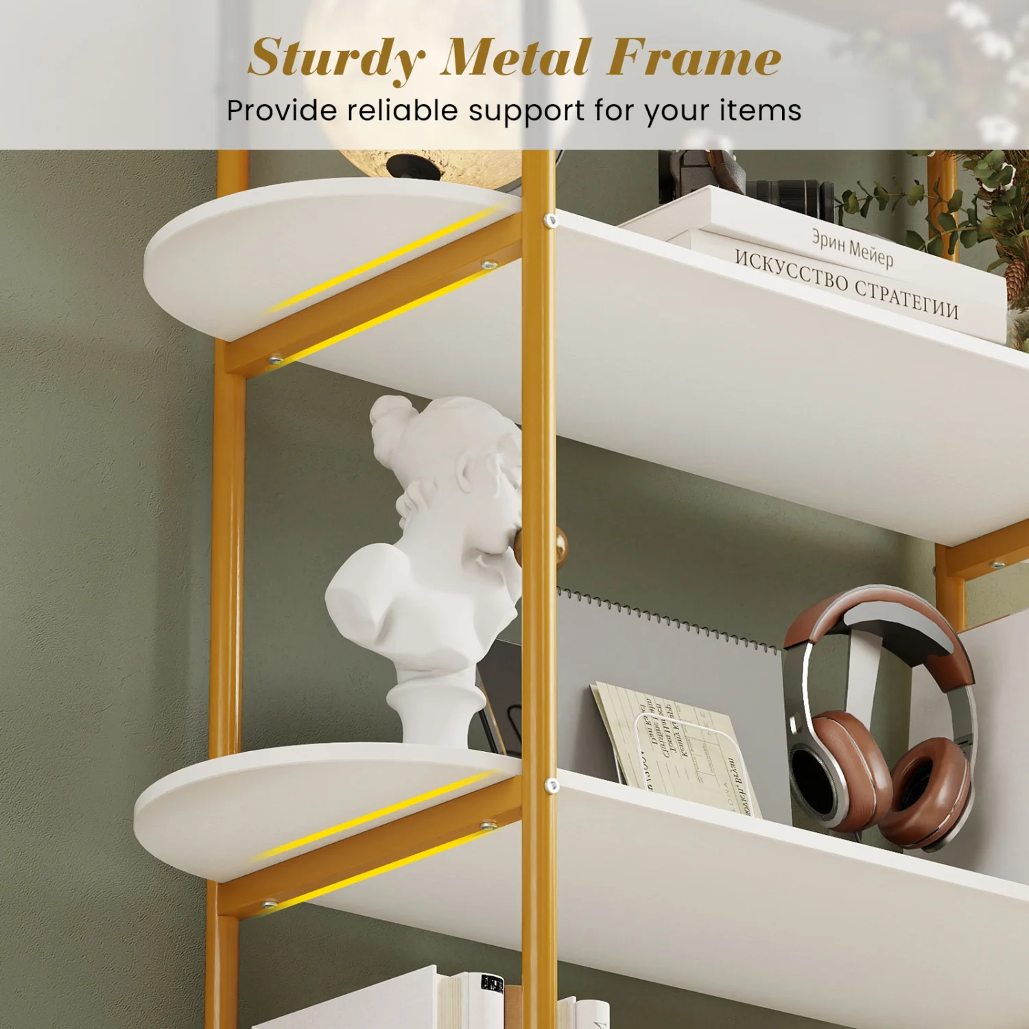 4-Tier Open Bookcase with Sturdy Metal Frame for Living Room-WH, White & Golden - Image 10