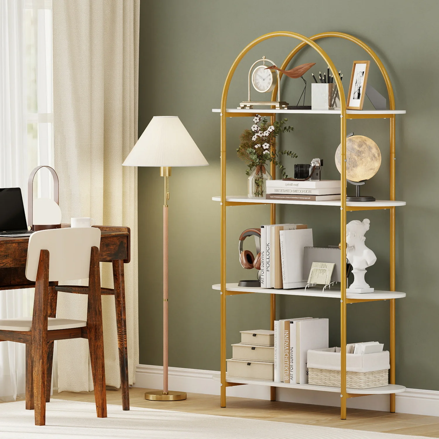 4-Tier Open Bookcase with Sturdy Metal Frame for Living Room-WH, White & Golden - Image 2