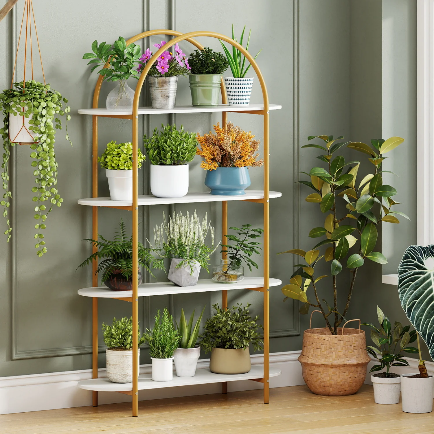 4-Tier Open Bookcase with Sturdy Metal Frame for Living Room-WH, White & Golden - Image 3