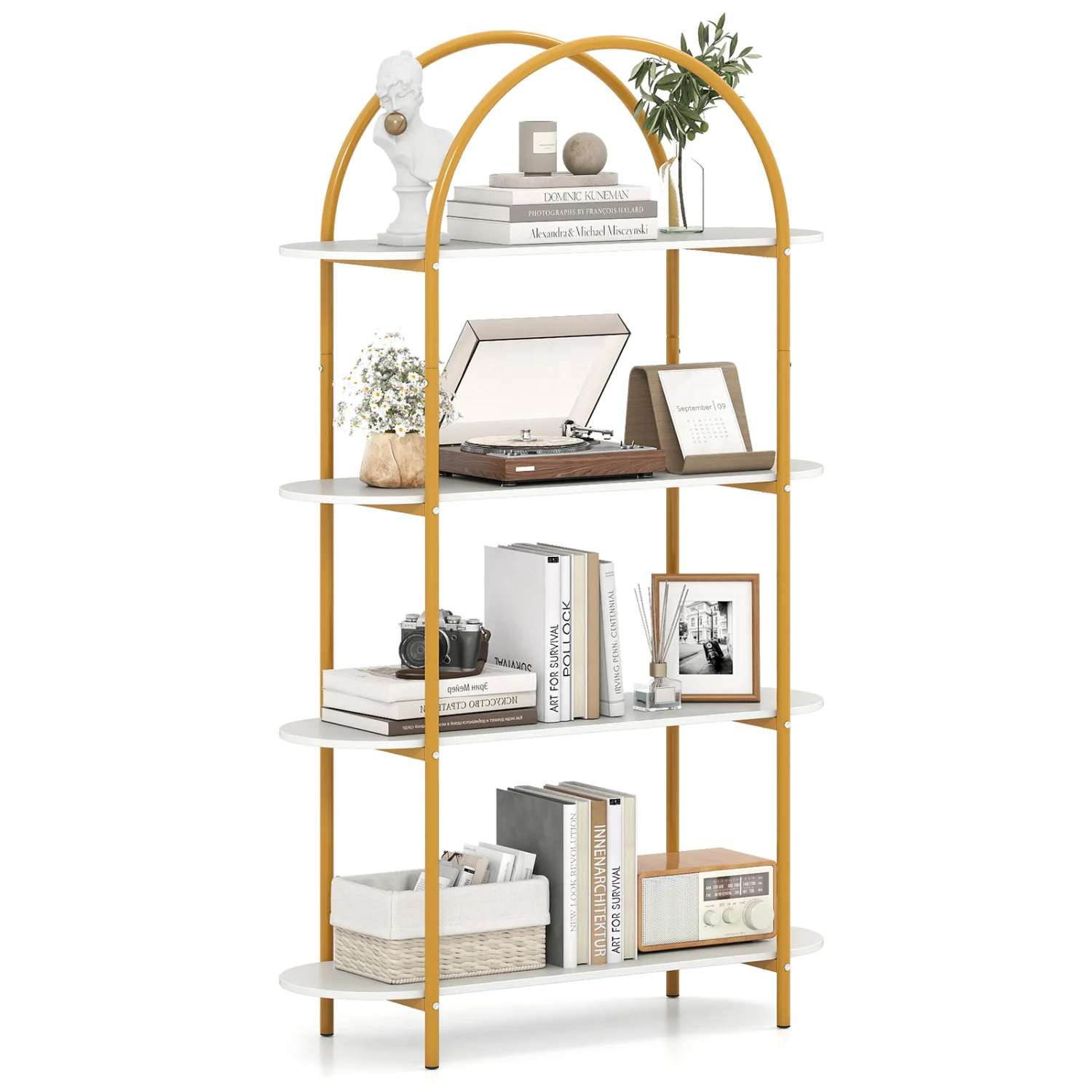 4-Tier Open Bookcase with Sturdy Metal Frame for Living Room-WH, White & Golden - Image 5
