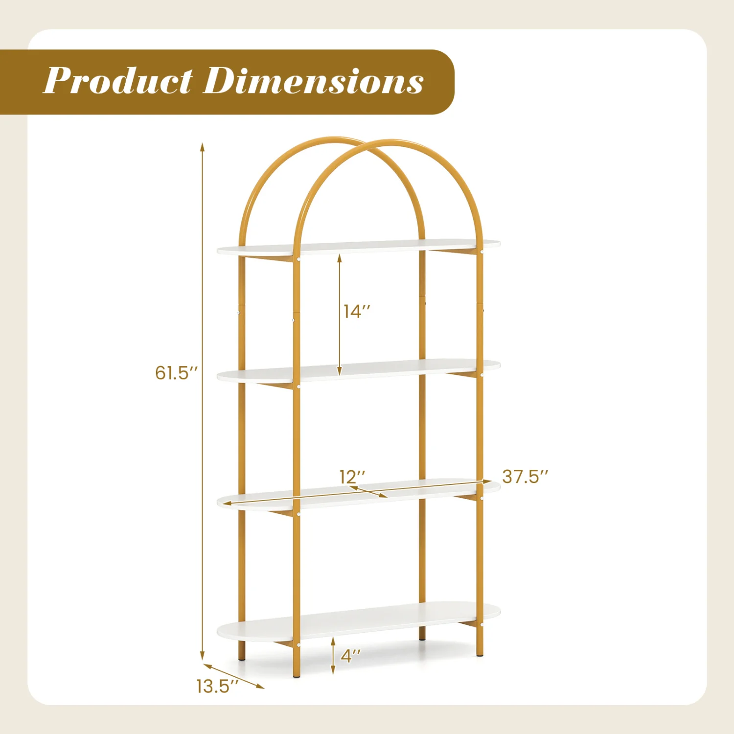 4-Tier Open Bookcase with Sturdy Metal Frame for Living Room-WH, White & Golden - Image 6