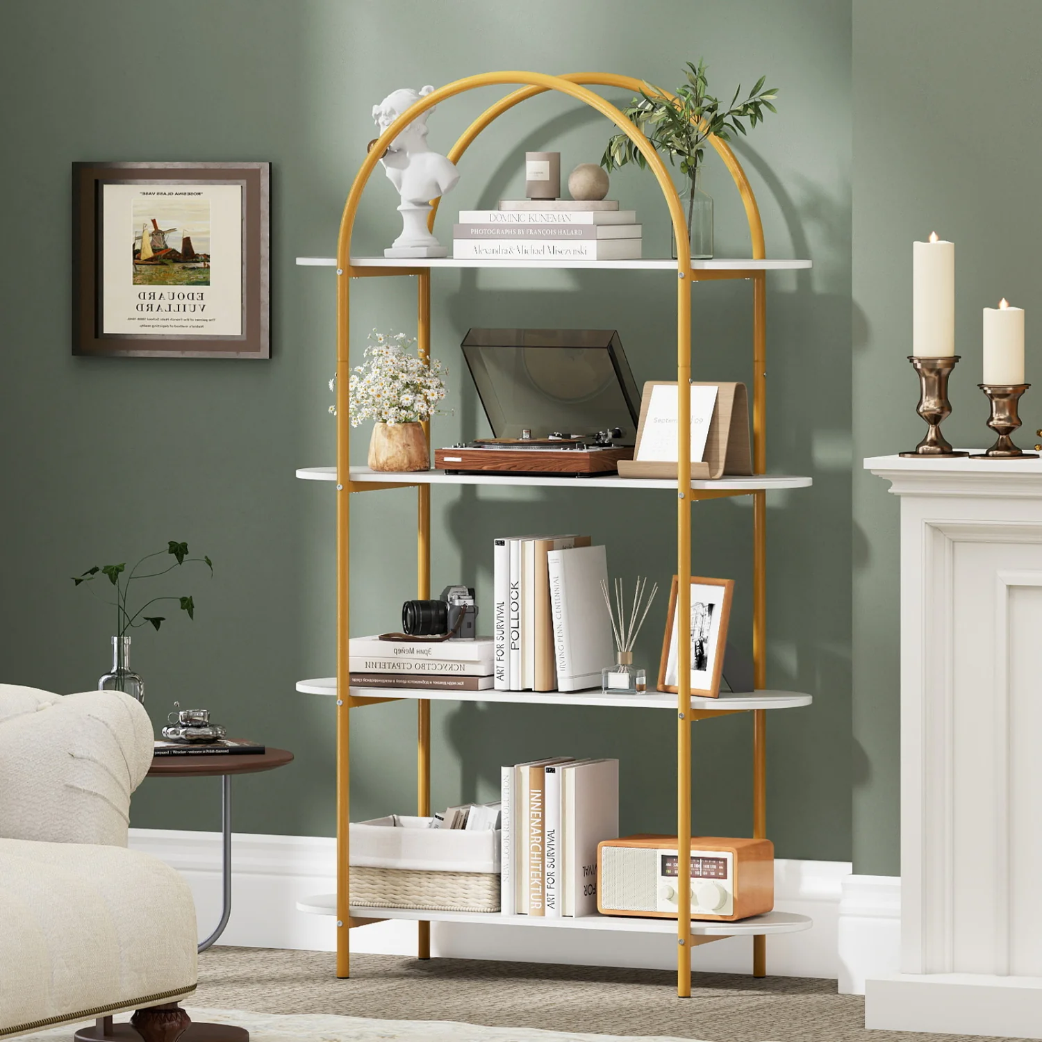 4-Tier Open Bookcase with Sturdy Metal Frame for Living Room-WH, White & Golden - Image 7