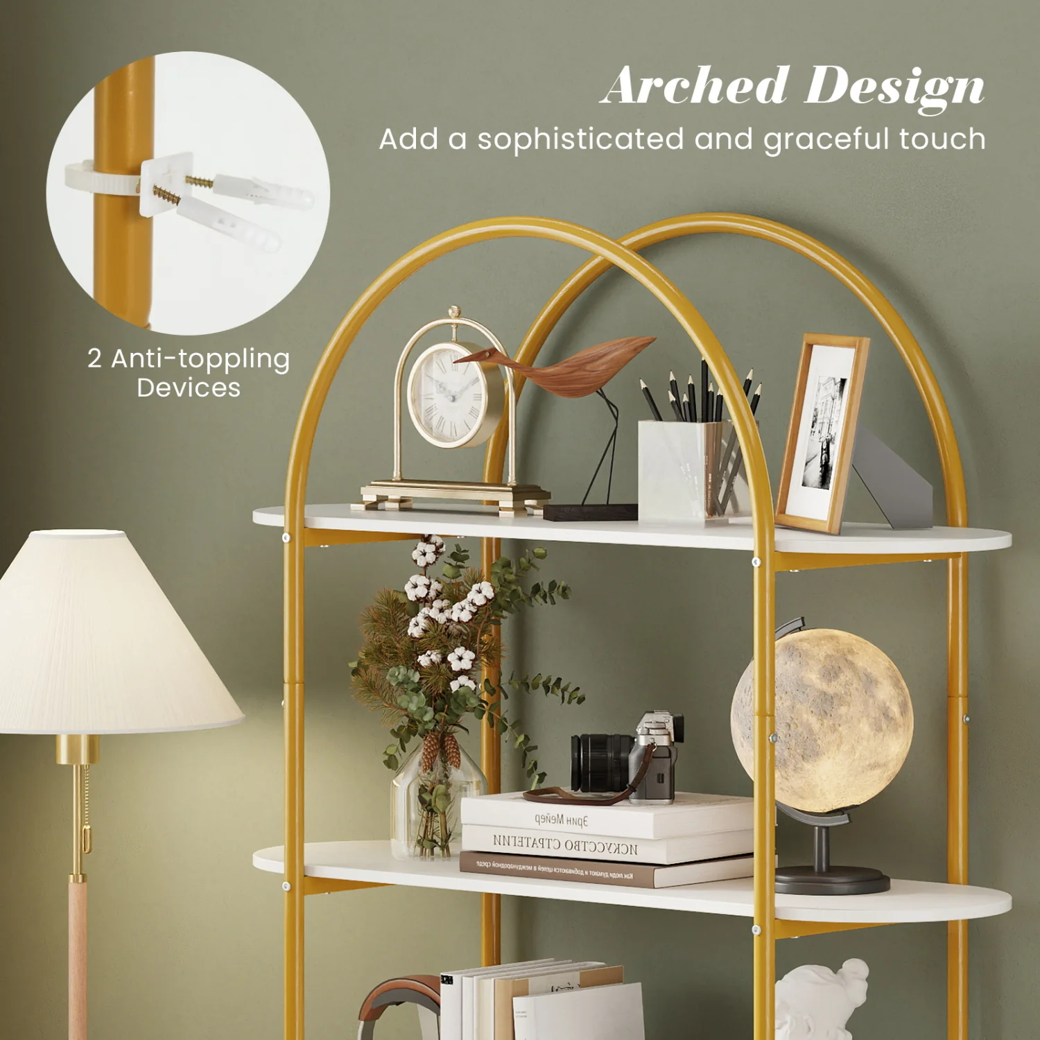 4-Tier Open Bookcase with Sturdy Metal Frame for Living Room-WH, White & Golden - Image 8