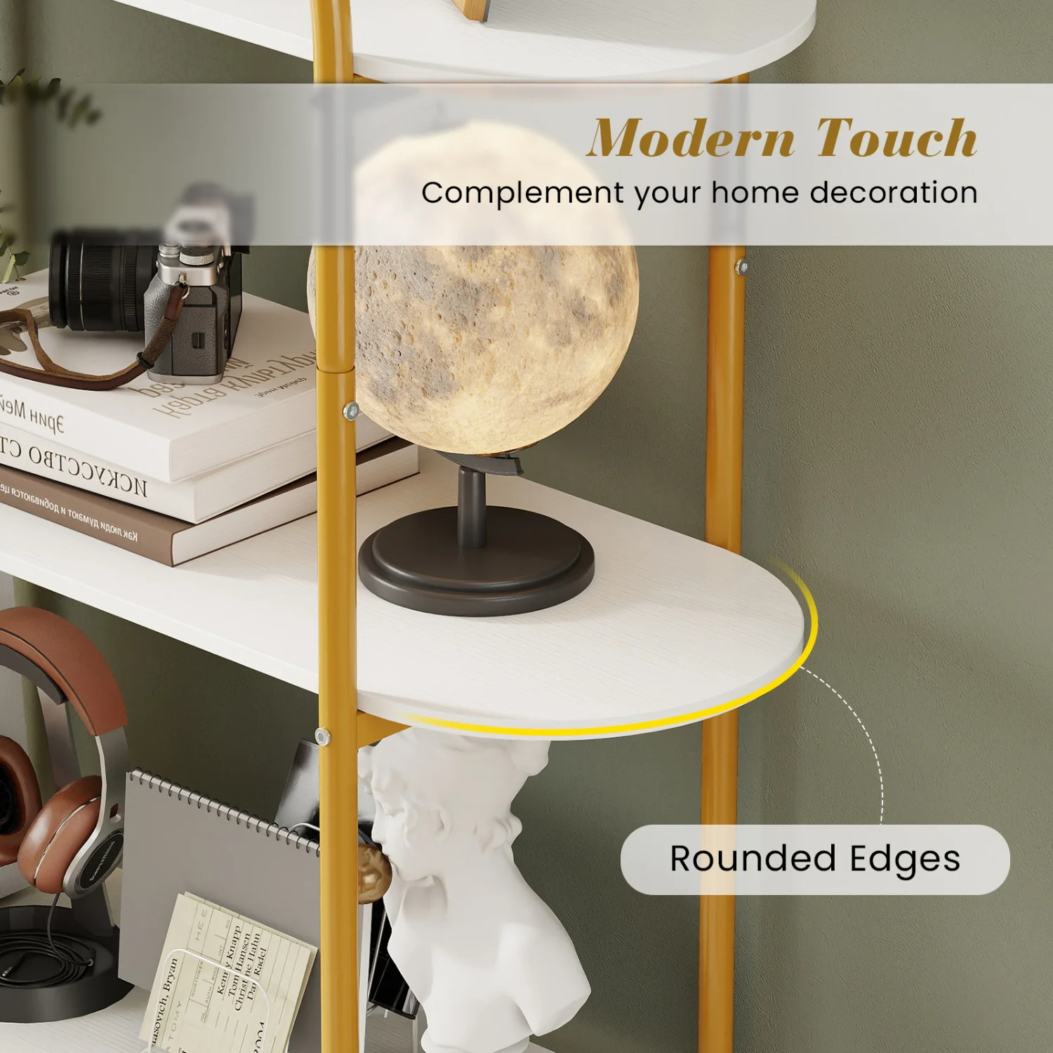 4-Tier Open Bookcase with Sturdy Metal Frame for Living Room-WH, White & Golden - Image 9