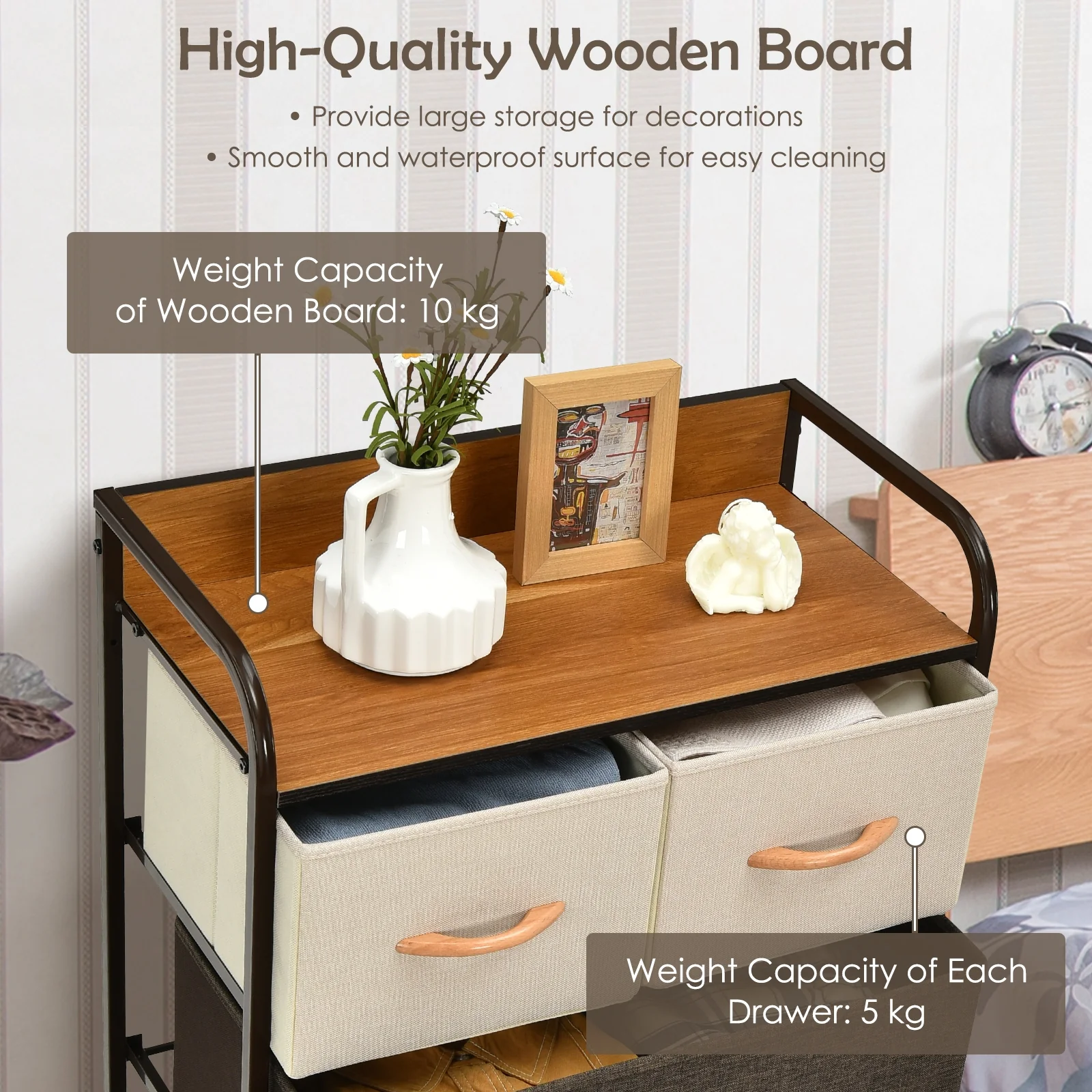 4-Tier Organizer Tower, Steel Frame, Wooden Top, 5-Drawer Dresser, Multicolor - Image 10