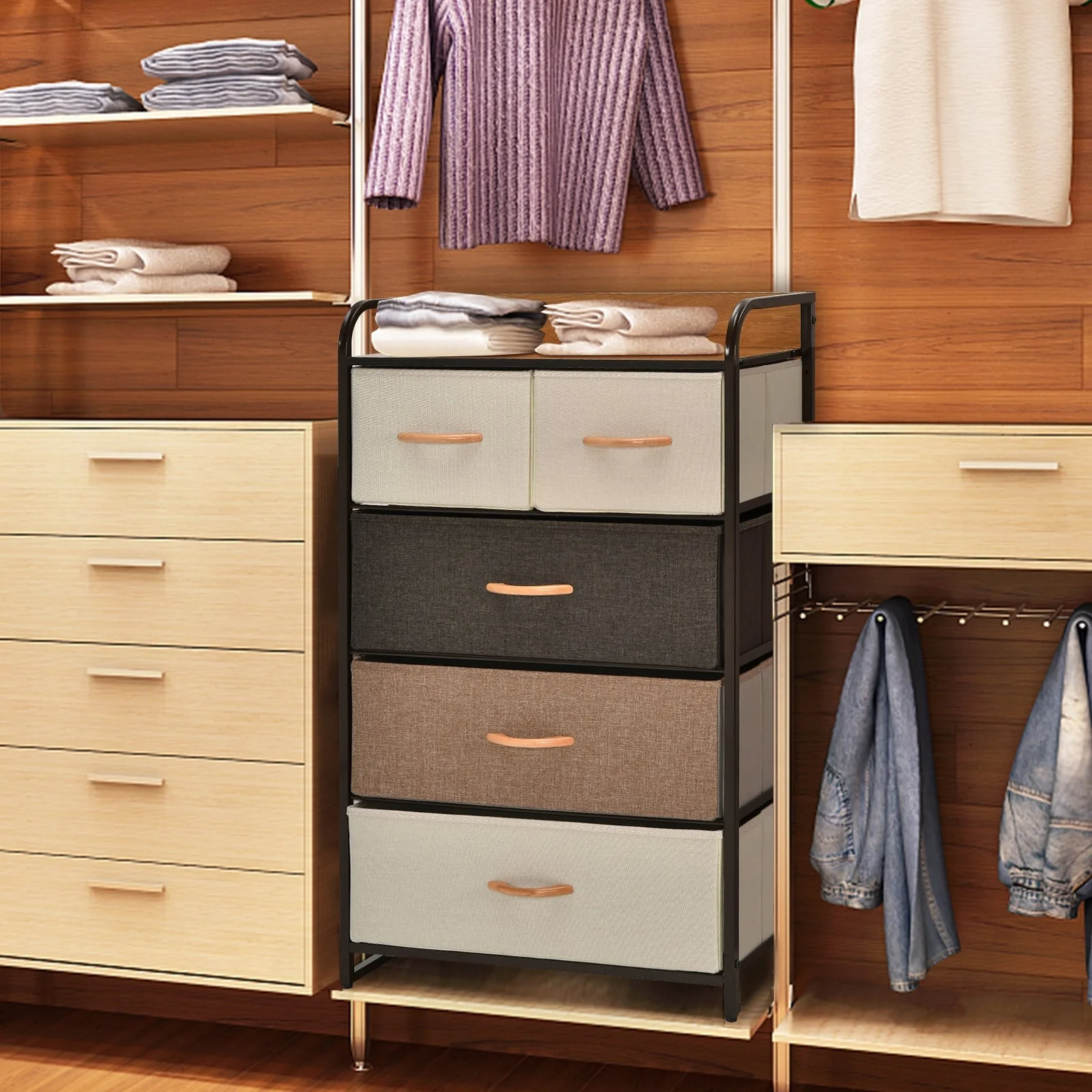 4-Tier Organizer Tower, Steel Frame, Wooden Top, 5-Drawer Dresser, Multicolor - Image 2