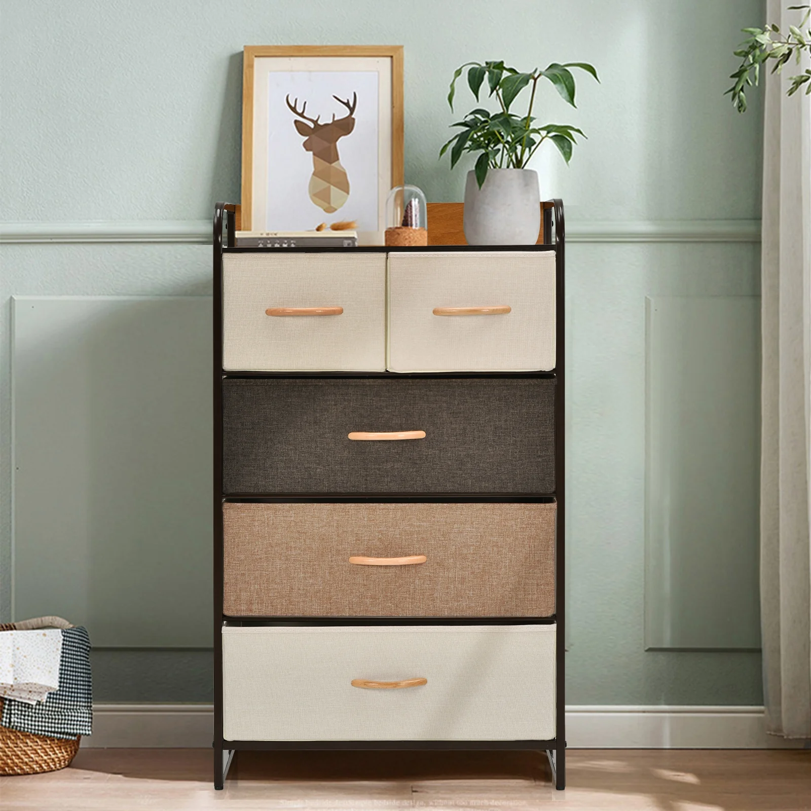 4-Tier Organizer Tower, Steel Frame, Wooden Top, 5-Drawer Dresser, Multicolor - Image 3
