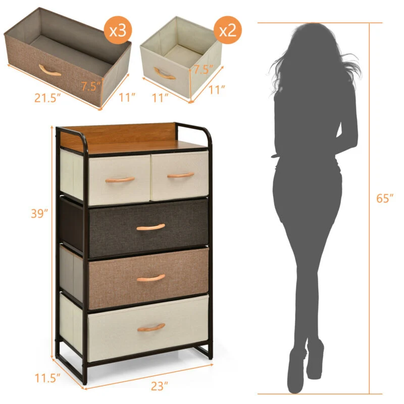 4-Tier Organizer Tower, Steel Frame, Wooden Top, 5-Drawer Dresser, Multicolor - Image 5