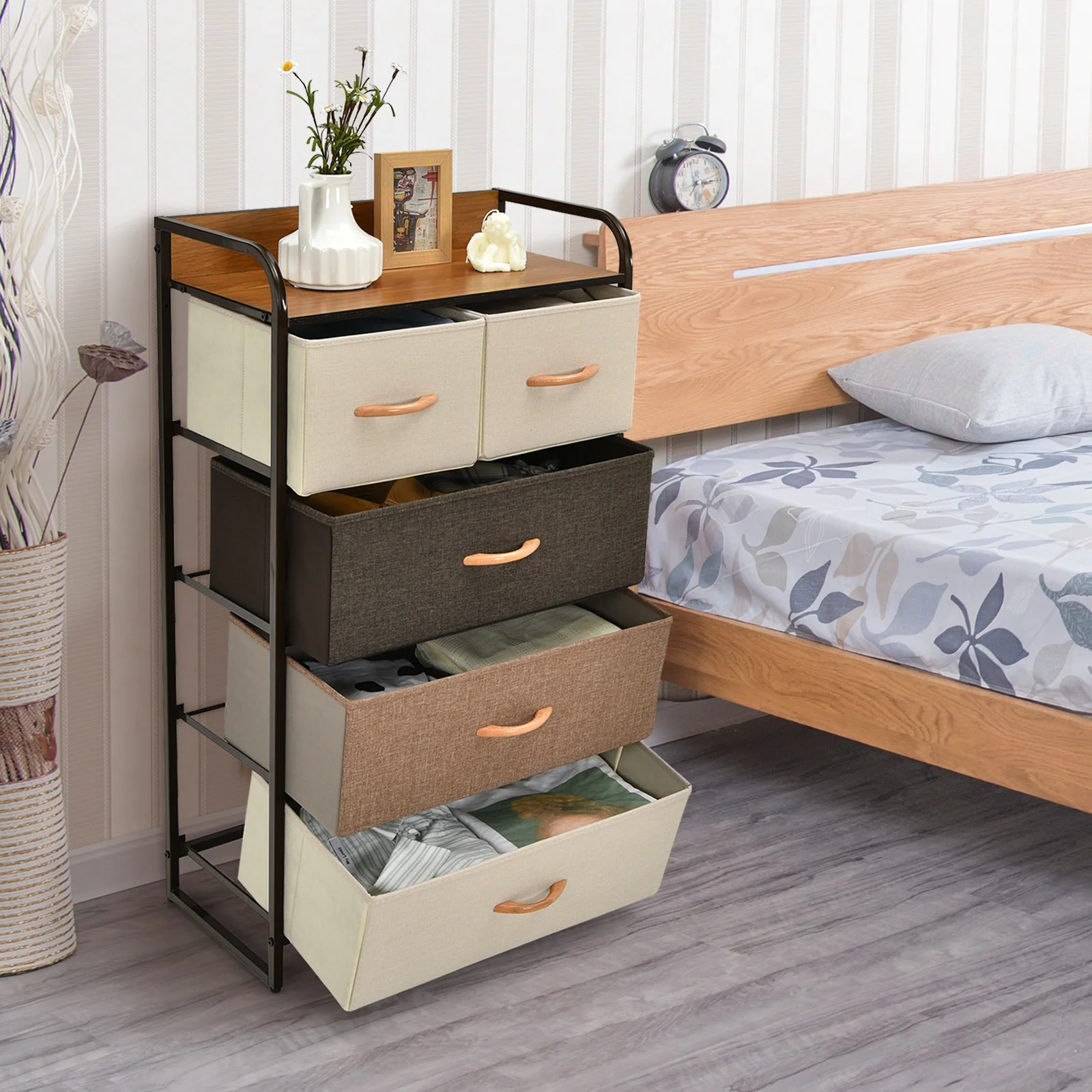 4-Tier Organizer Tower, Steel Frame, Wooden Top, 5-Drawer Dresser, Multicolor - Image 6