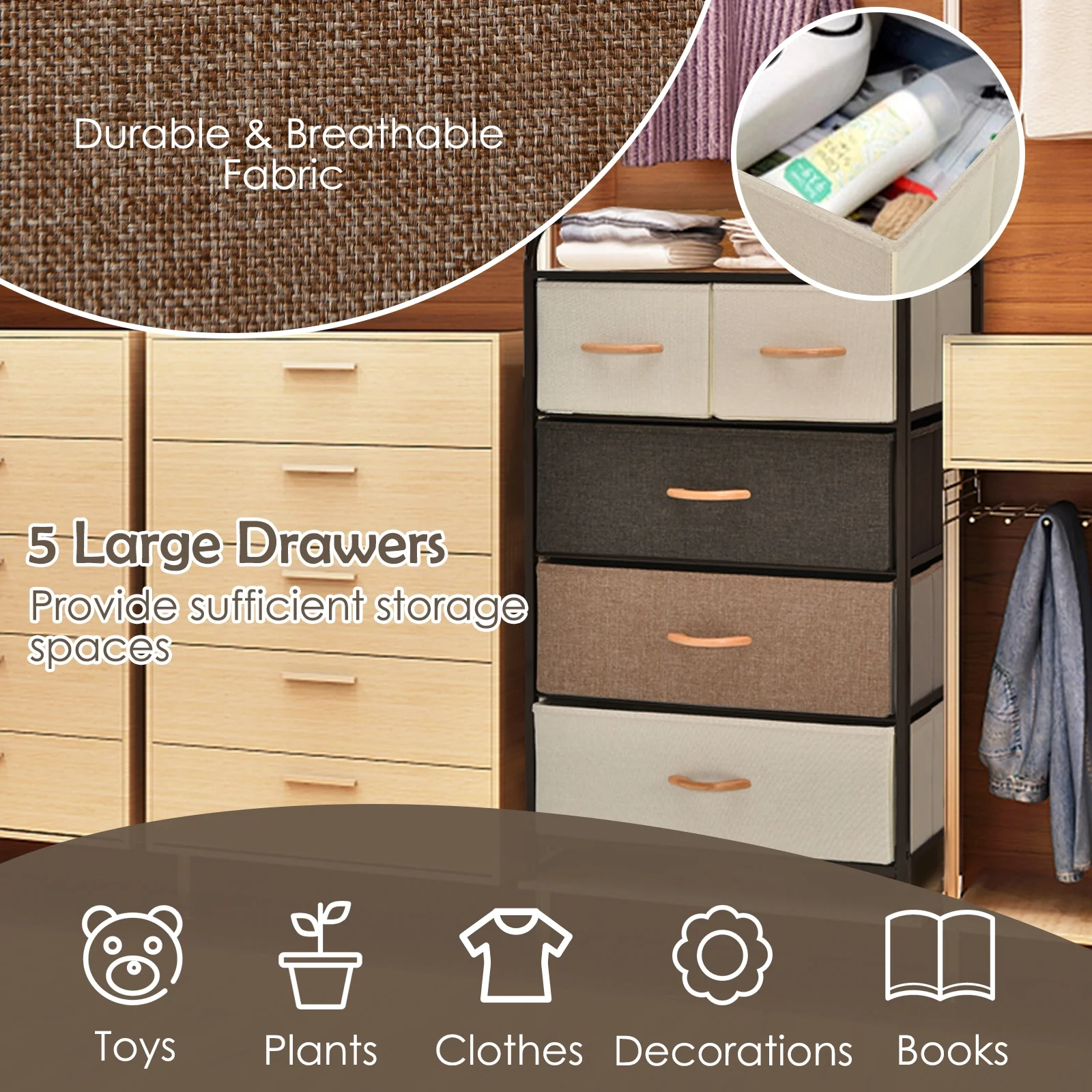 4-Tier Organizer Tower, Steel Frame, Wooden Top, 5-Drawer Dresser, Multicolor - Image 7