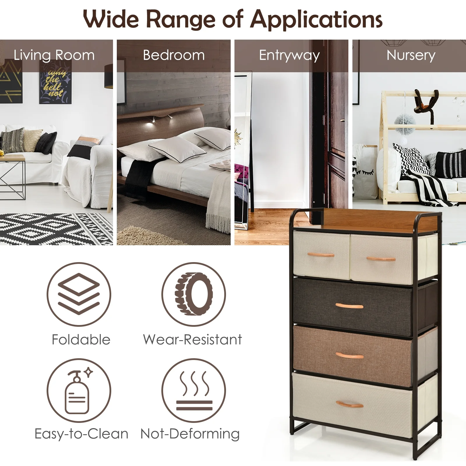 4-Tier Organizer Tower, Steel Frame, Wooden Top, 5-Drawer Dresser, Multicolor - Image 8