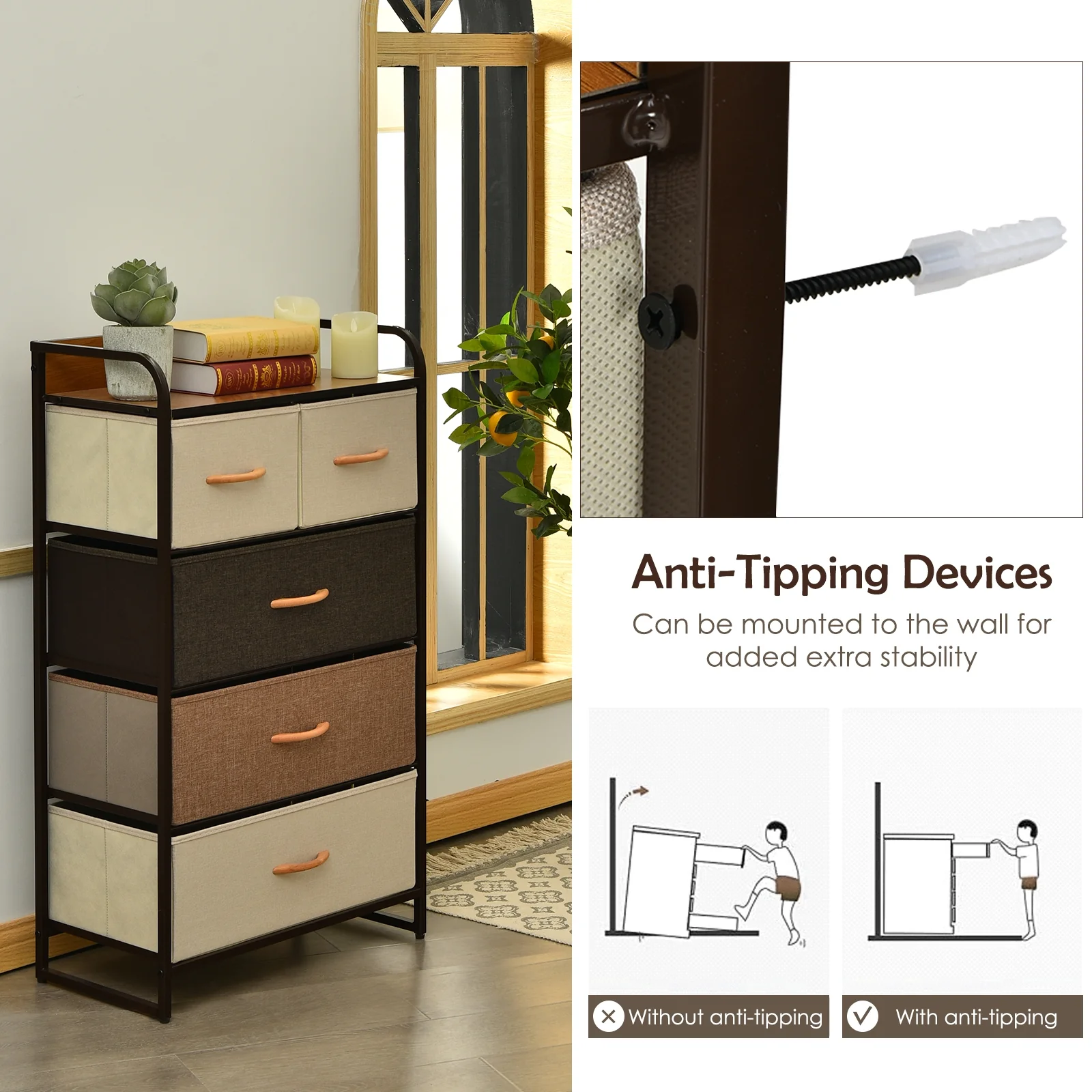 4-Tier Organizer Tower, Steel Frame, Wooden Top, 5-Drawer Dresser, Multicolor - Image 9
