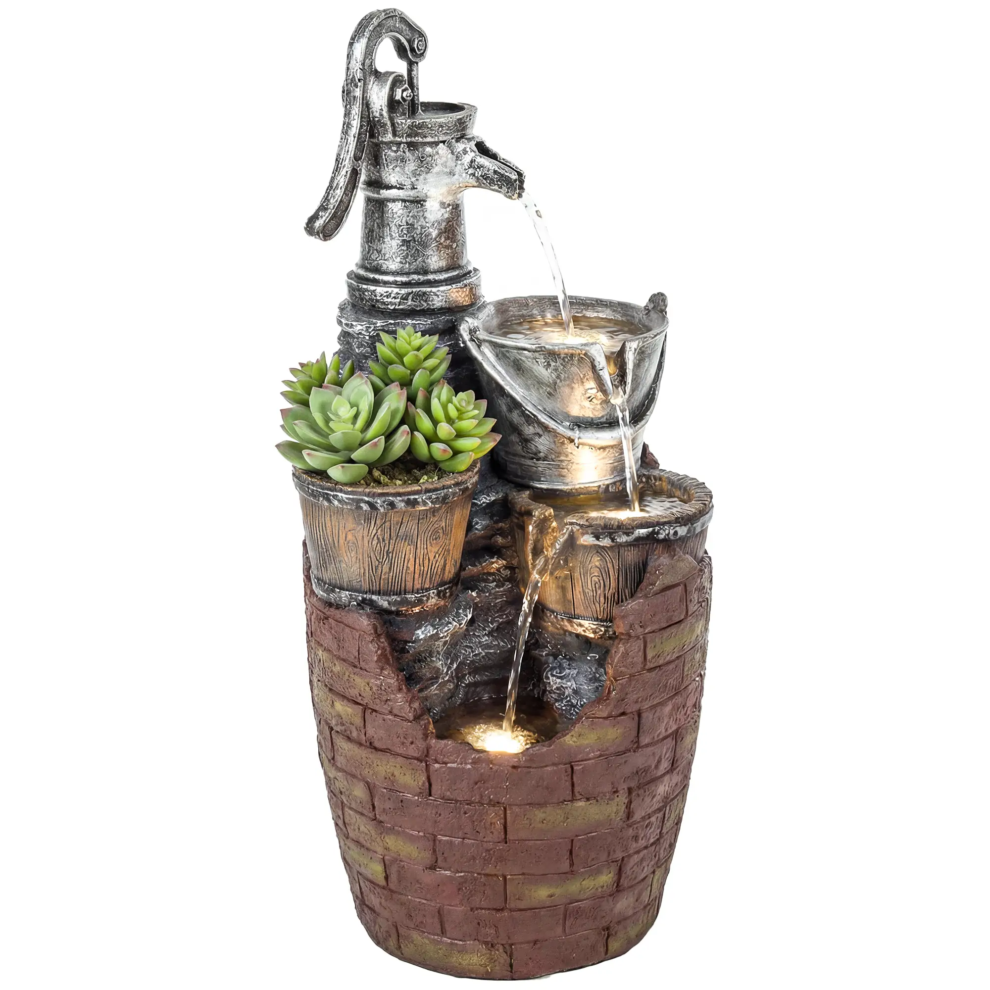 4-Tier Outdoor Fountain With Planter, Cascading Waterfall, LED Lights, Rustic Brown And Grey - Image 11