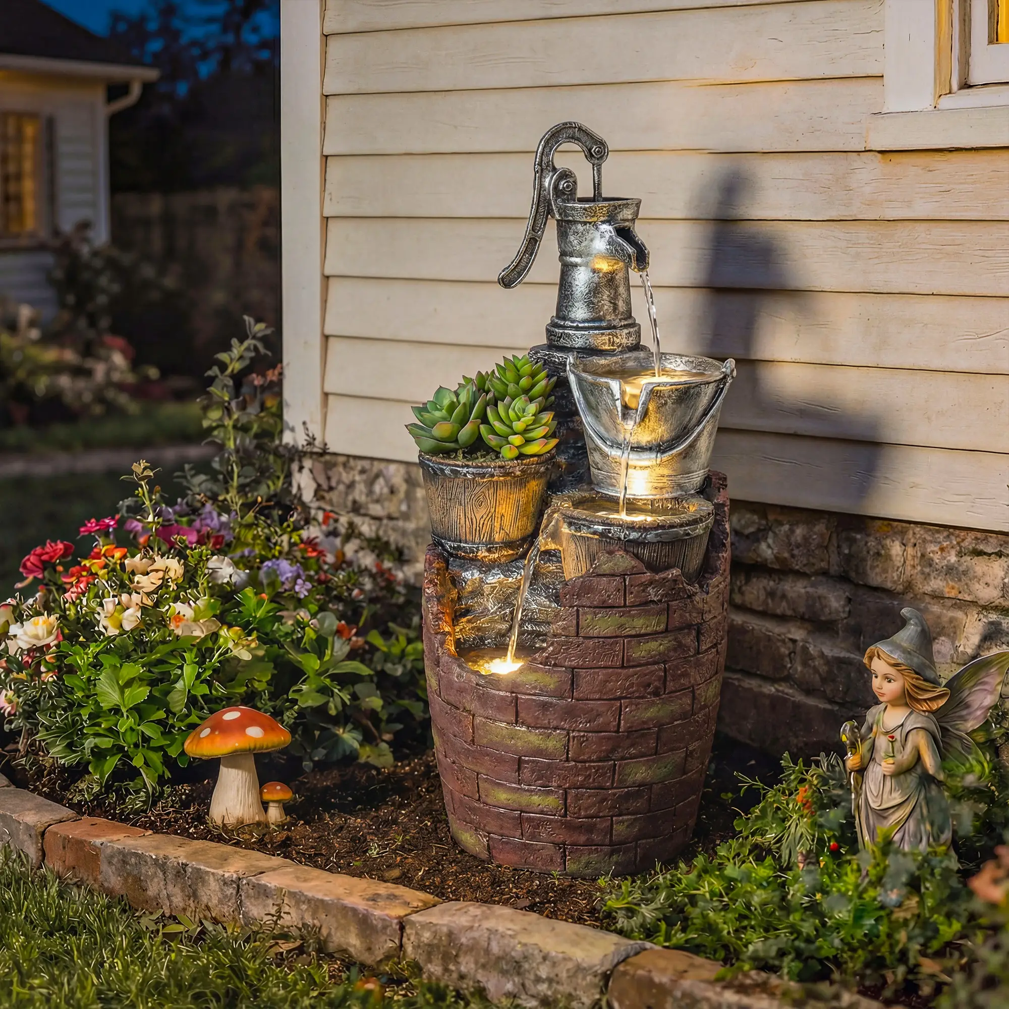 4-Tier Outdoor Fountain With Planter, Cascading Waterfall, LED Lights, Rustic Brown And Grey - Image 2