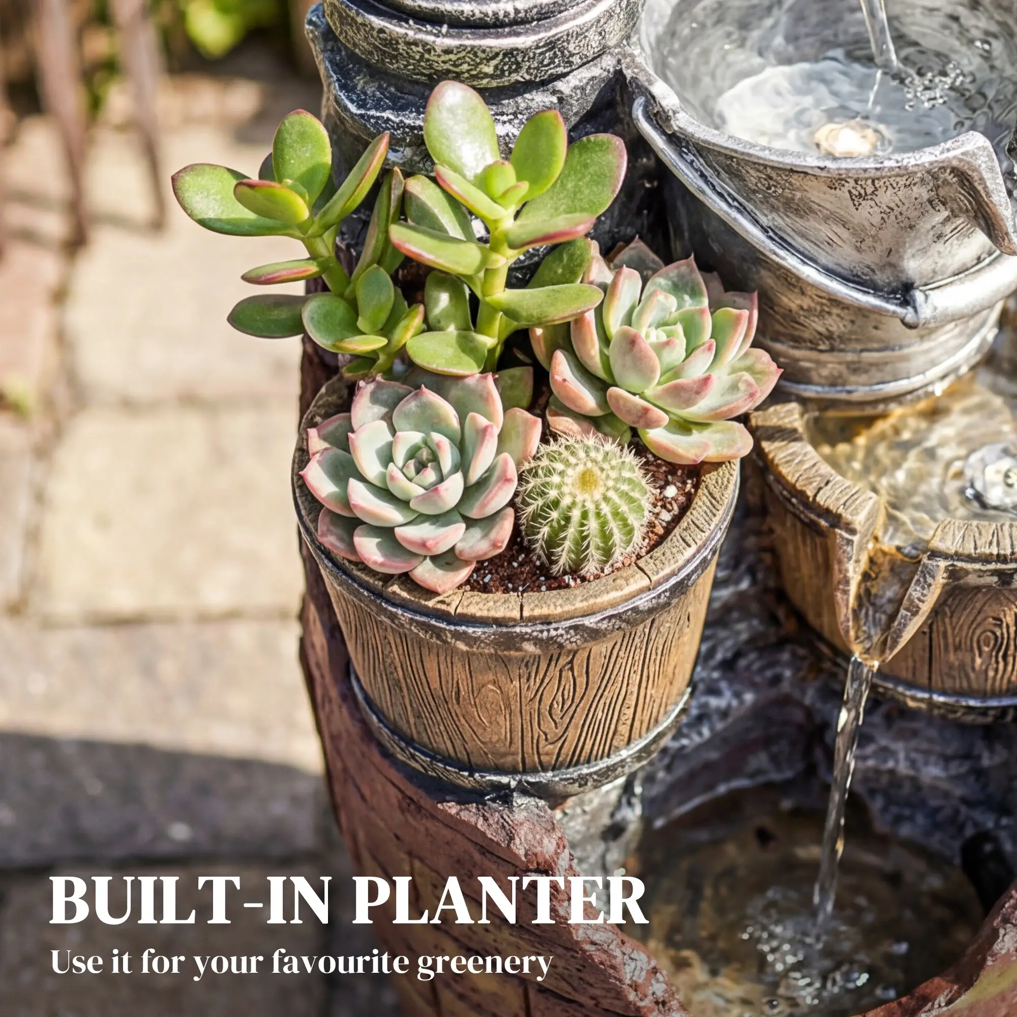 4-Tier Outdoor Fountain With Planter, Cascading Waterfall, LED Lights, Rustic Brown And Grey - Image 5
