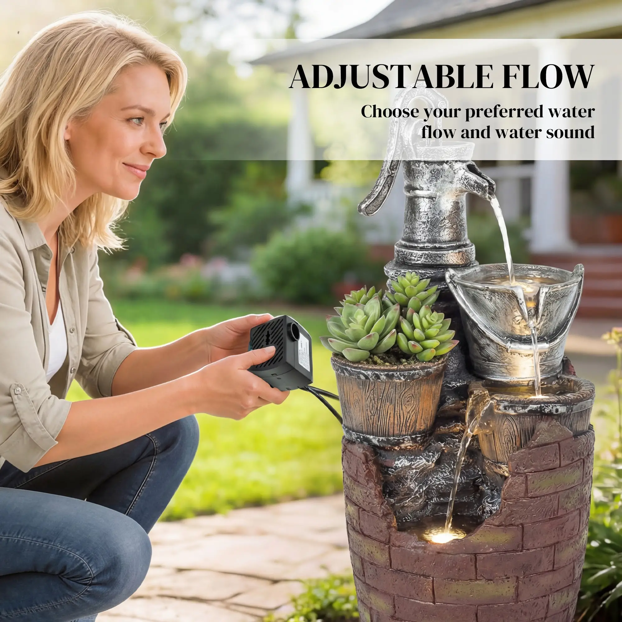 4-Tier Outdoor Fountain With Planter, Cascading Waterfall, LED Lights, Rustic Brown And Grey - Image 6