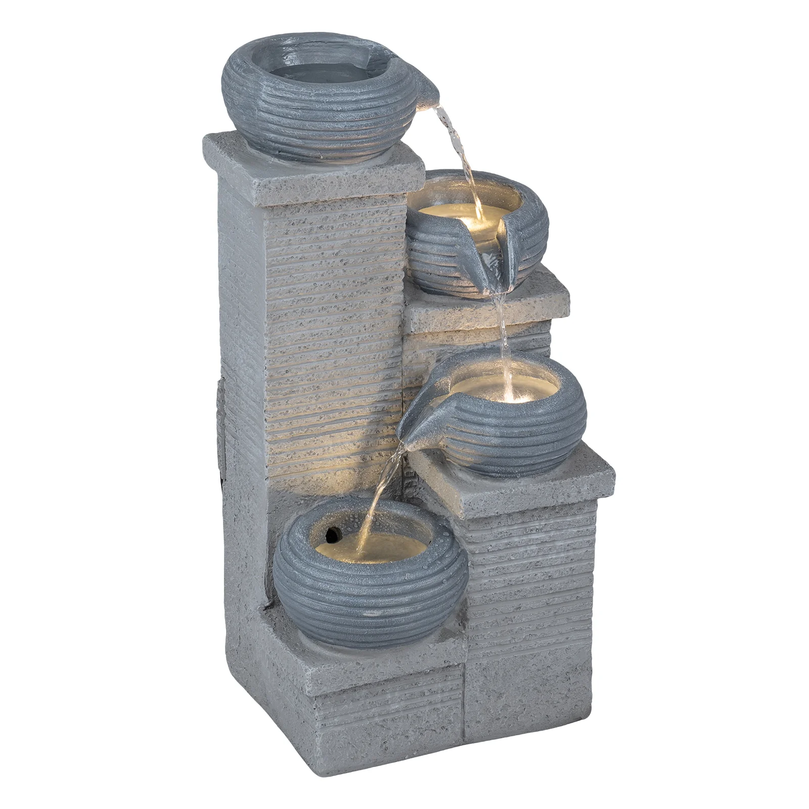 4-Tier Outdoor Water Fountain, Cascading Bowl Waterfall With LED Lights, Gray