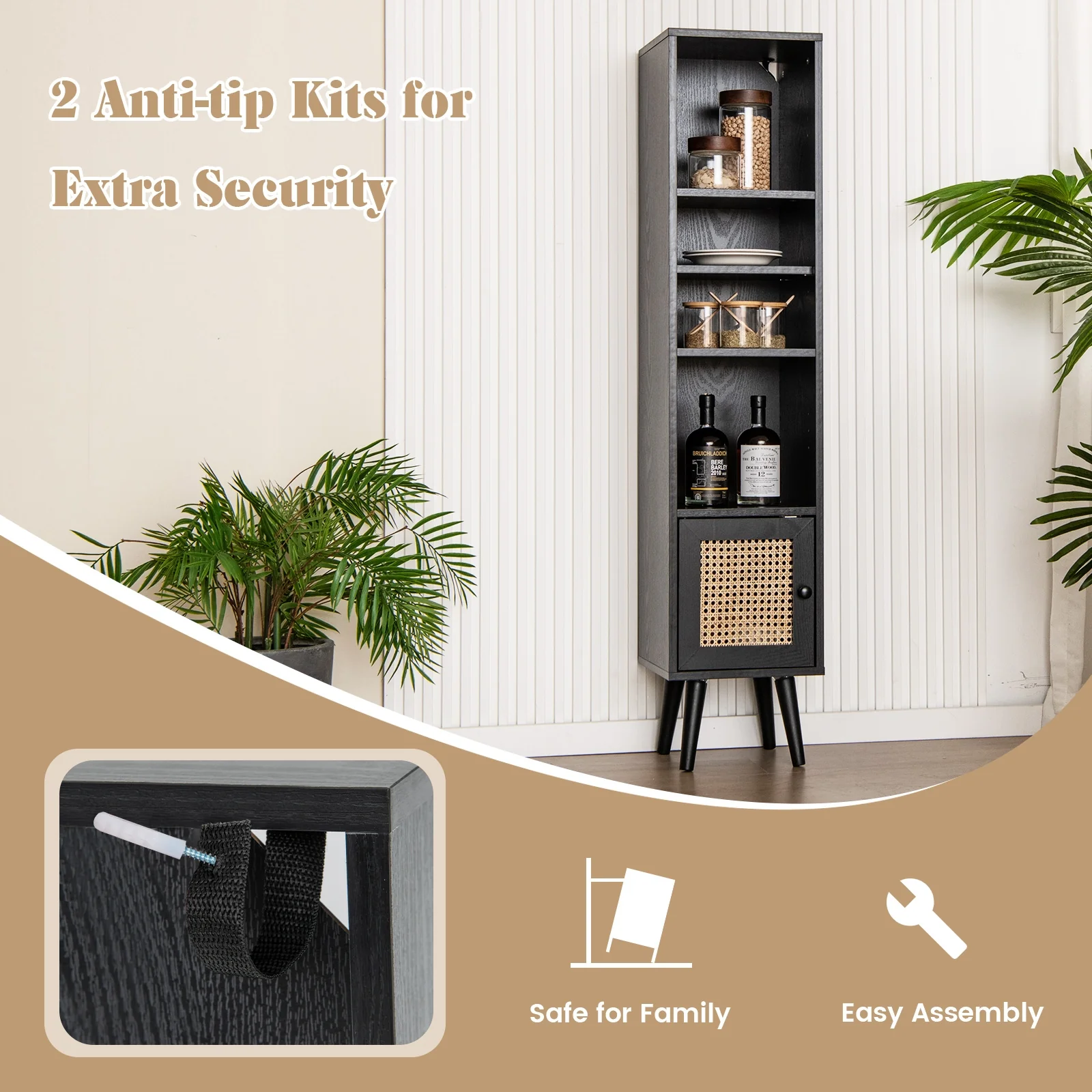 4-Tier Rattan Storage Cabinet, Slim Design, Black - Image 9