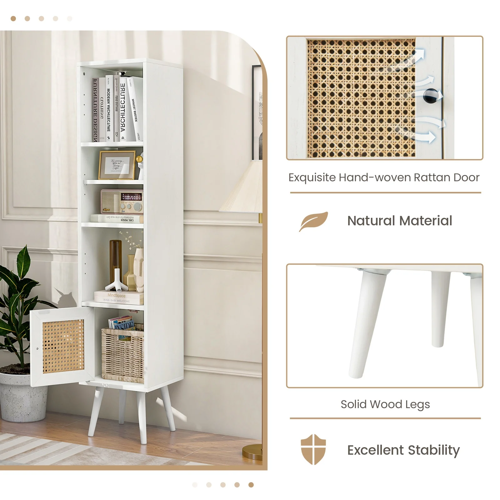 4-Tier Rattan Storage Cabinet, Slim Design, White - Image 10