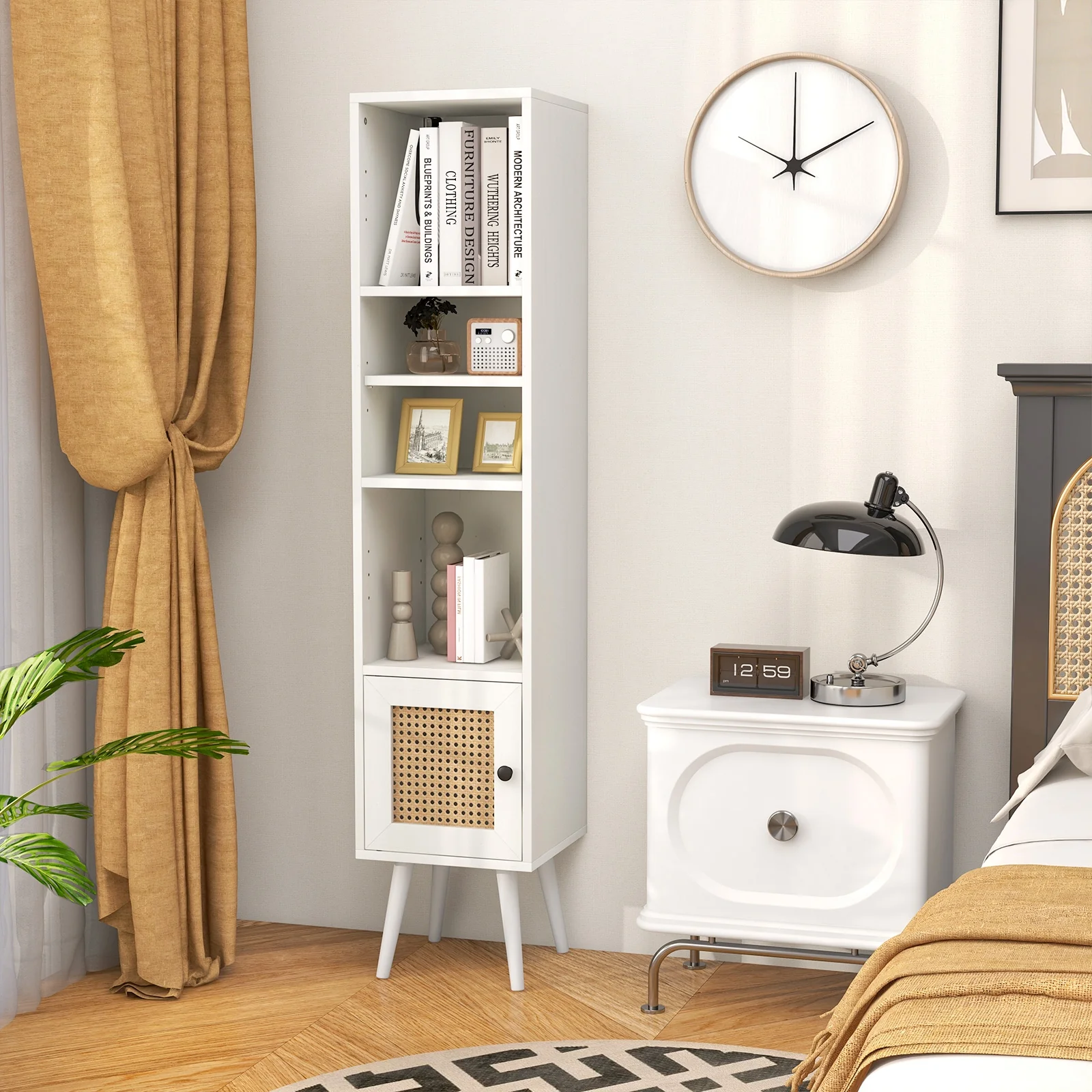 4-Tier Rattan Storage Cabinet, Slim Design, White - Image 2