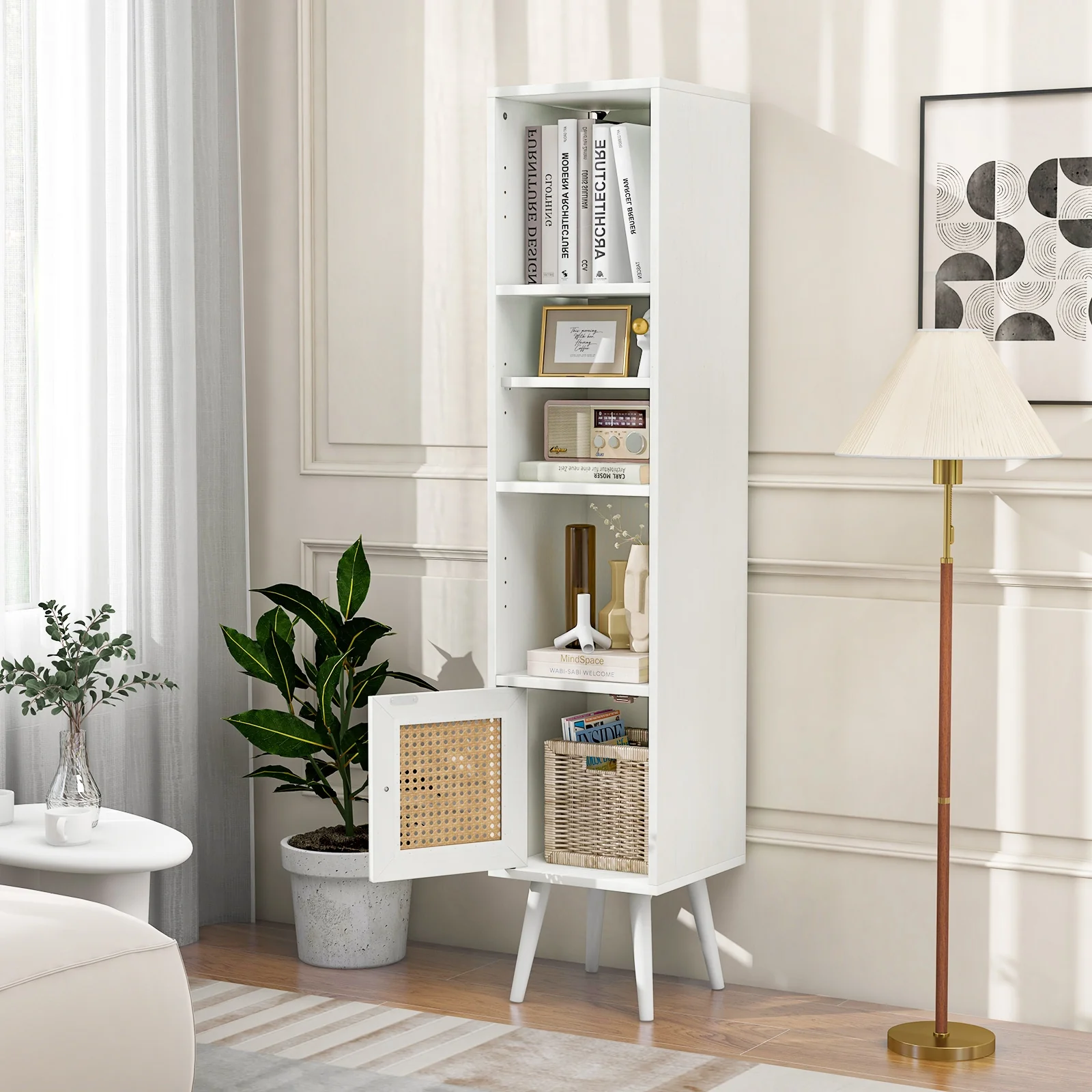 4-Tier Rattan Storage Cabinet, Slim Design, White - Image 3