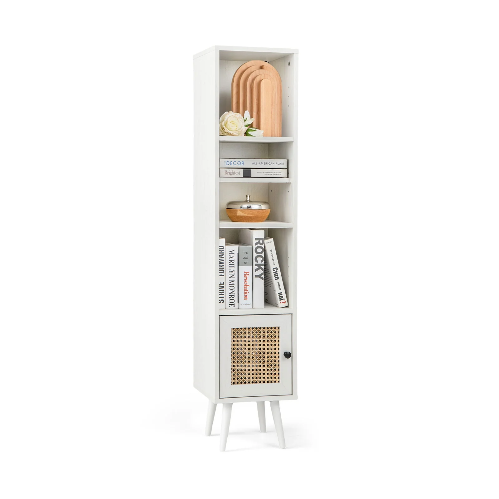 4-Tier Rattan Storage Cabinet, Slim Design, White - Image 4