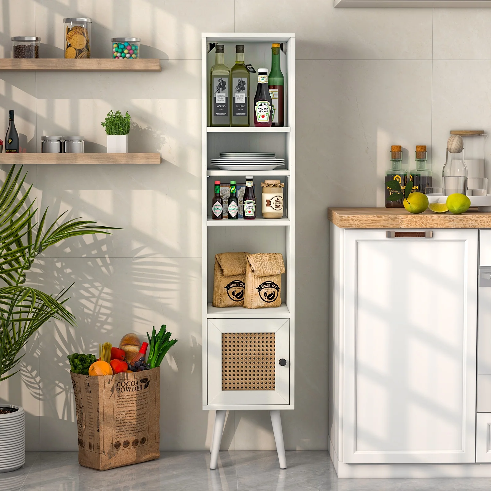 4-Tier Rattan Storage Cabinet, Slim Design, White - Image 7