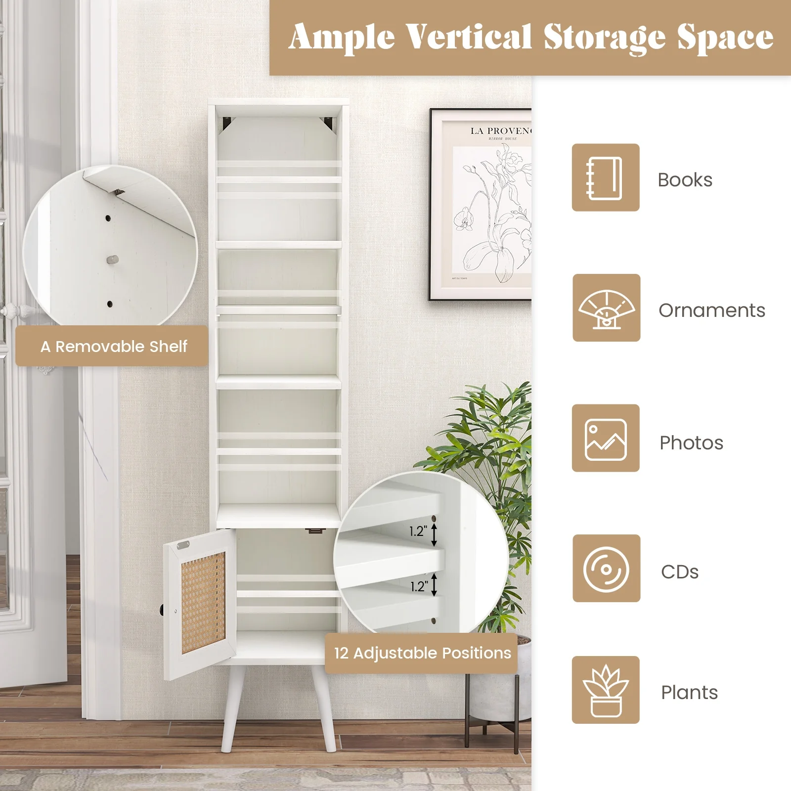 4-Tier Rattan Storage Cabinet, Slim Design, White - Image 8