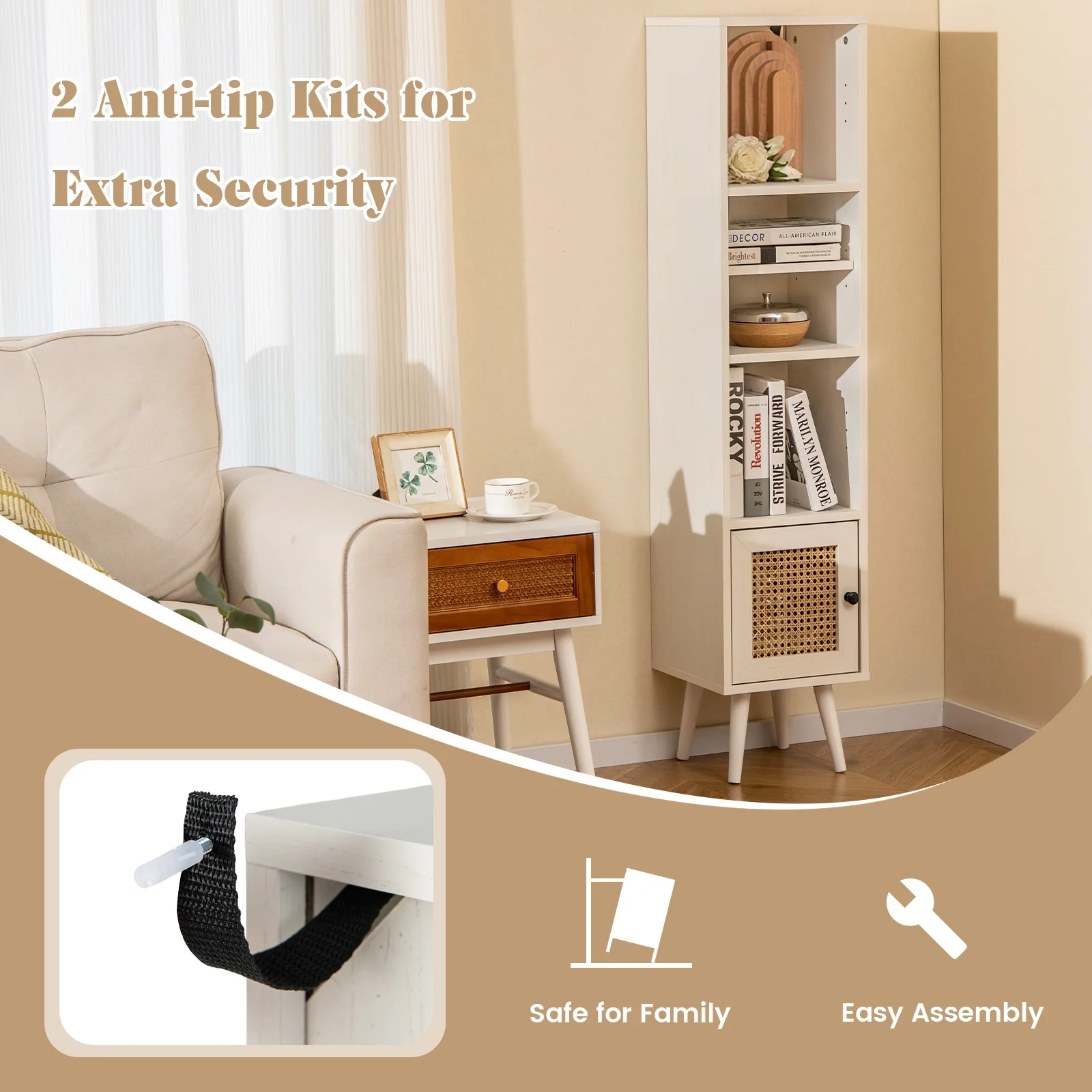 4-Tier Rattan Storage Cabinet, Slim Design, White - Image 9