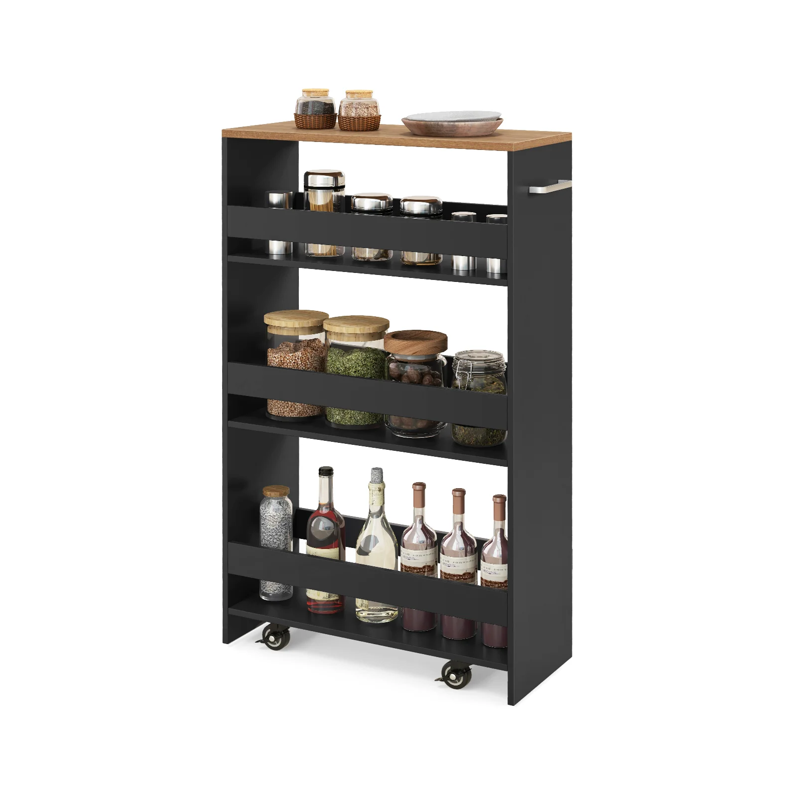 4-Tier Rolling Storage Cart, Slim Kitchen Cart On Wheels, Black