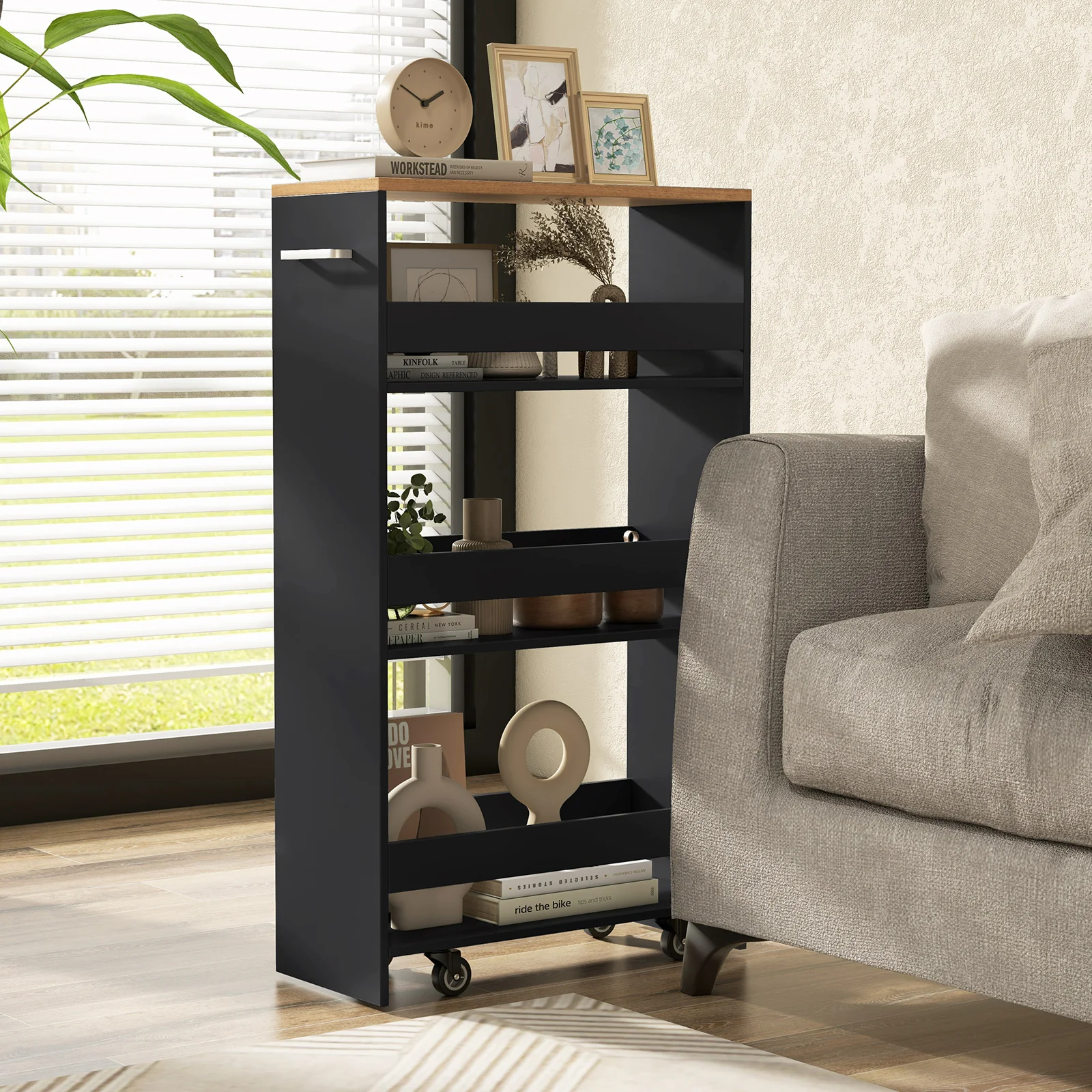 4-Tier Rolling Storage Cart, Slim Kitchen Cart On Wheels, Black - Image 3