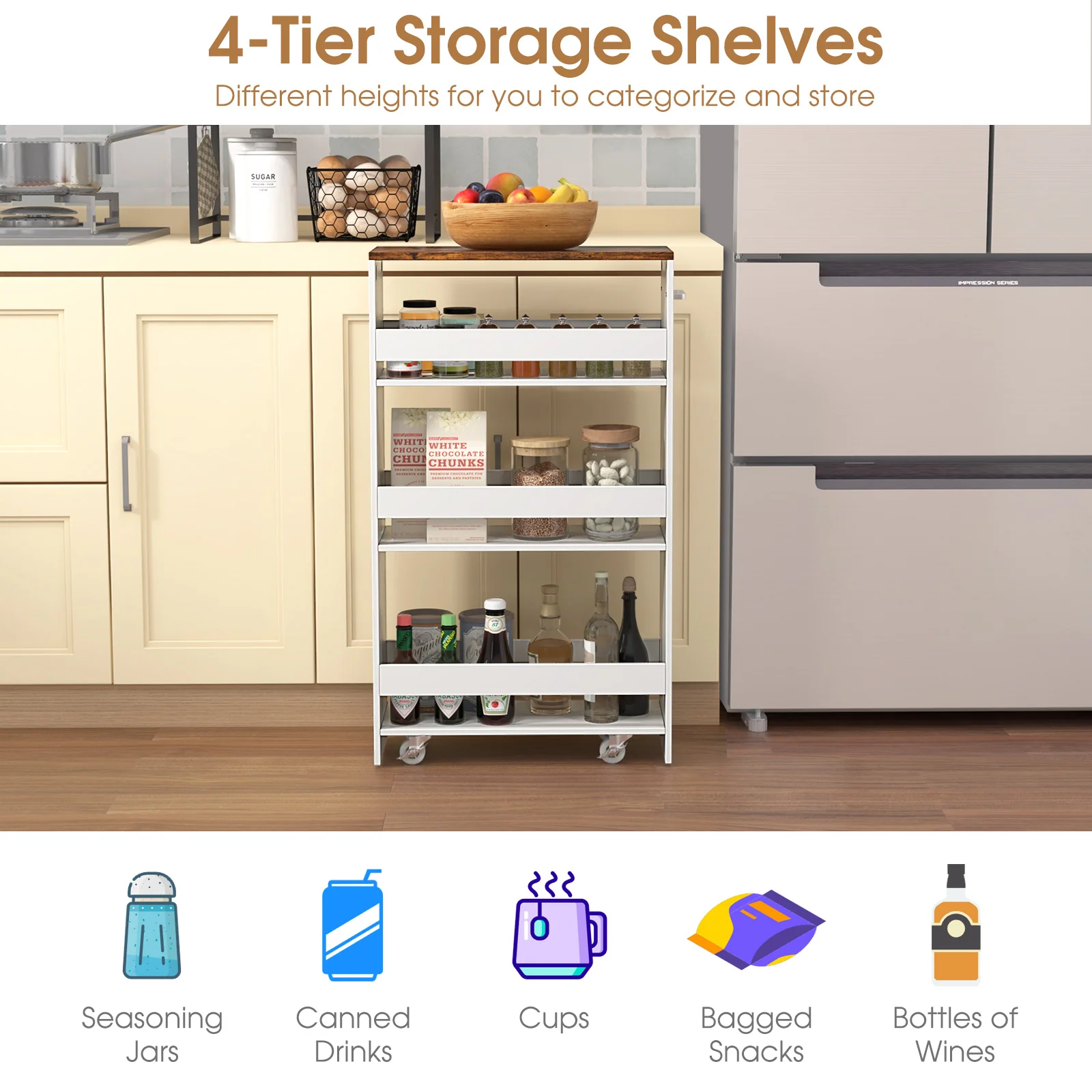 4-Tier Rolling Storage Cart, Slim Kitchen Cart, Rustic Brown - Image 9