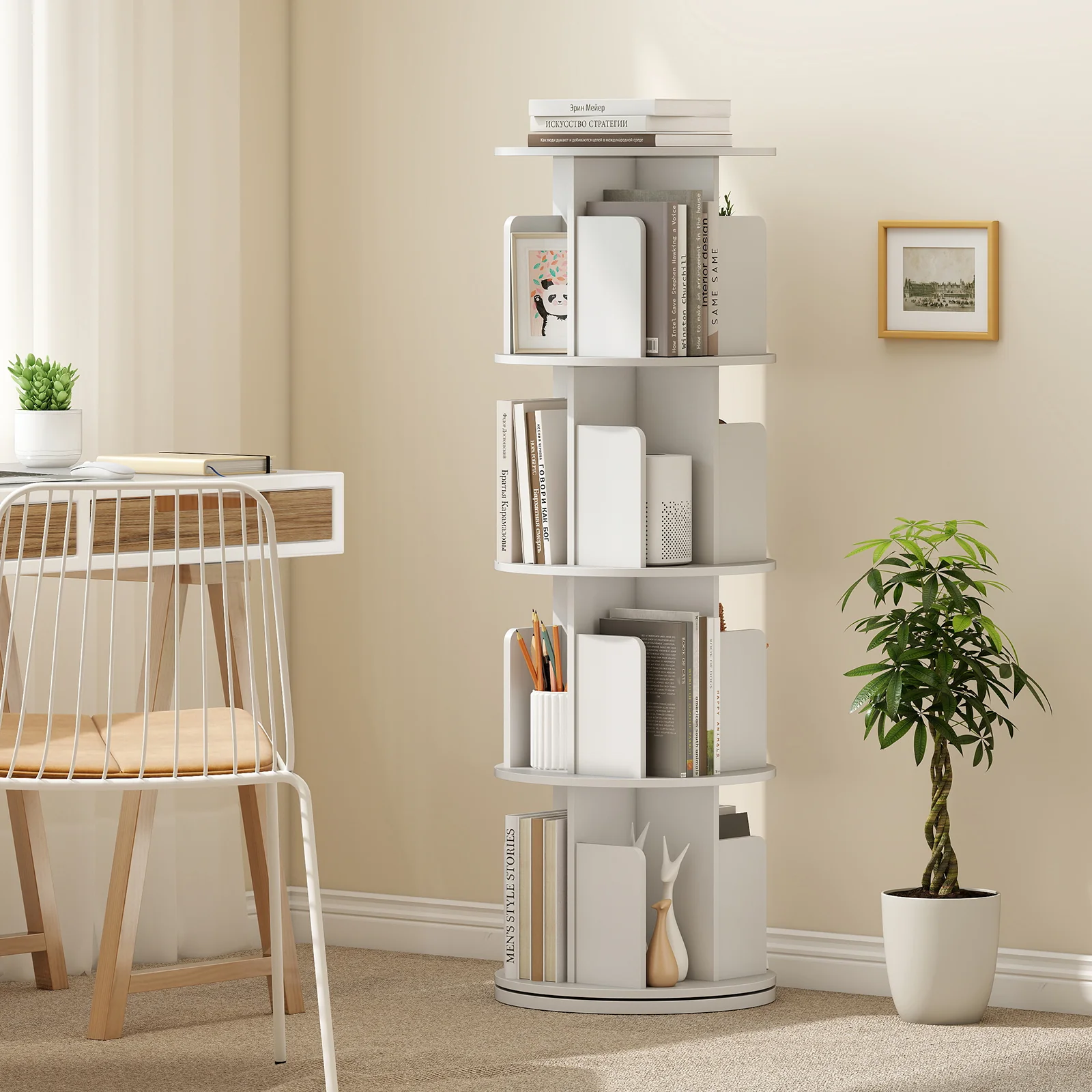 4-Tier Rotating Bookshelf With Dividers, White - Image 3