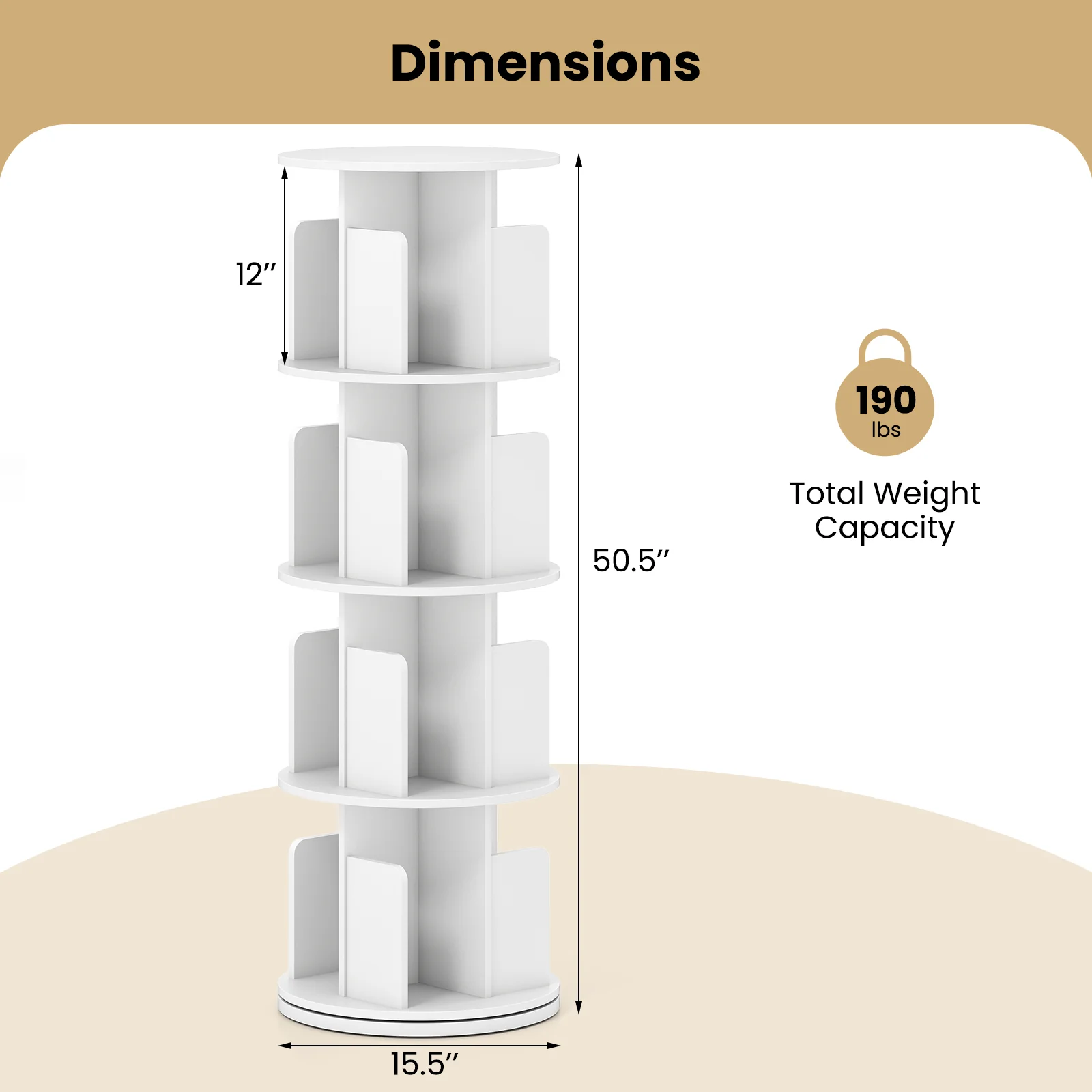 4-Tier Rotating Bookshelf With Dividers, White - Image 6