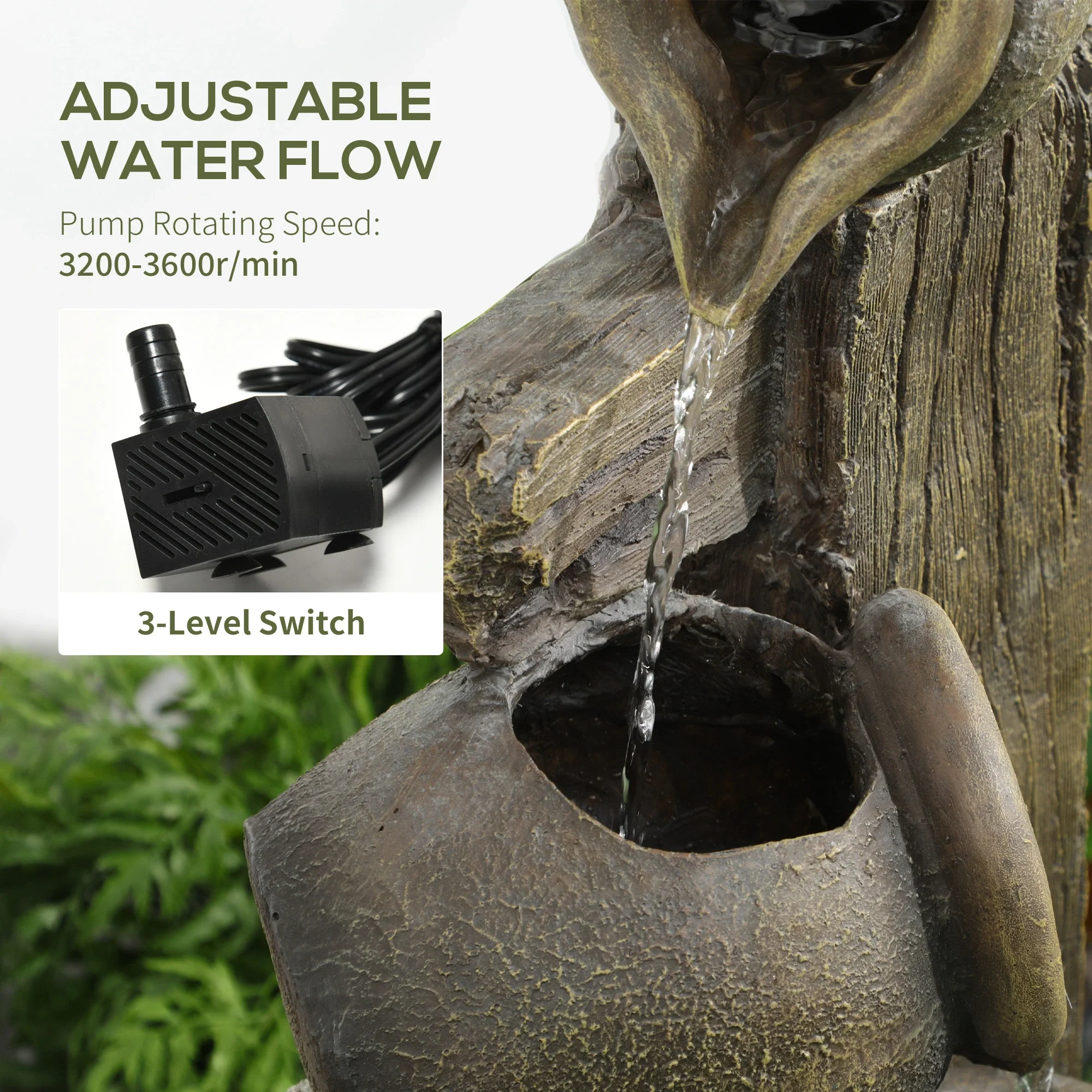 4-Tier Rustic Resin Outdoor Waterfall Fountain, Adjustable Flow - Image 5
