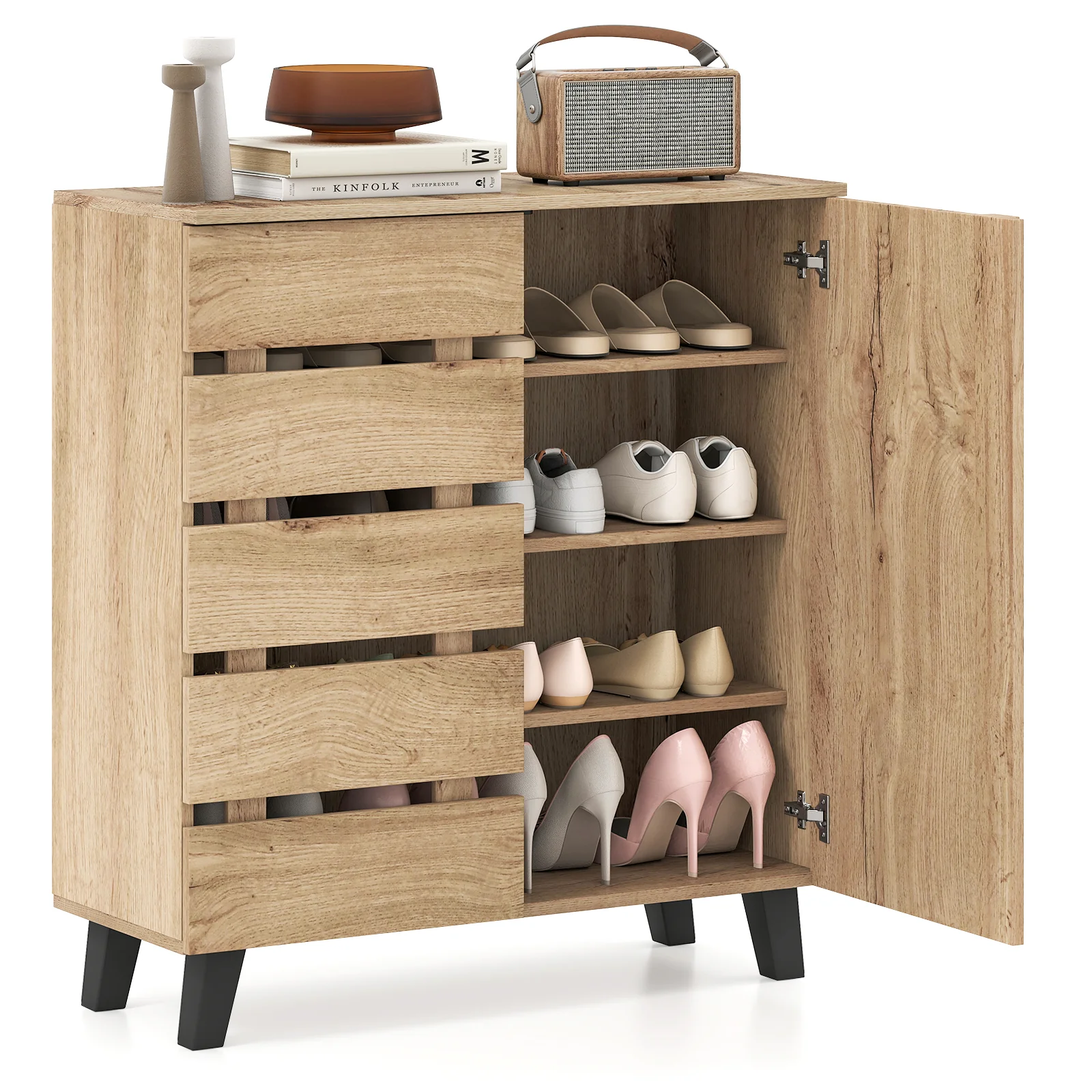 4-Tier Shoe Cabinet 2-Door Storage Organizer with Louvered Door, Natural
