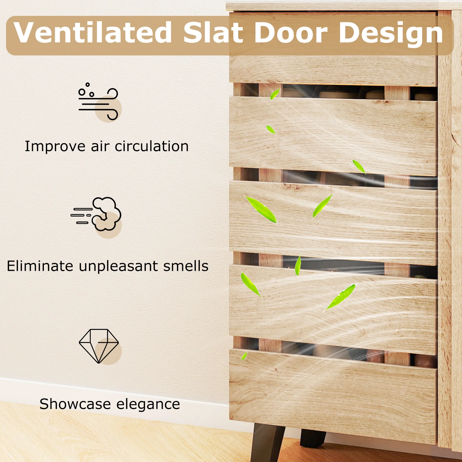 4-Tier Shoe Cabinet 2-Door Storage Organizer with Louvered Door, Natural - Image 10