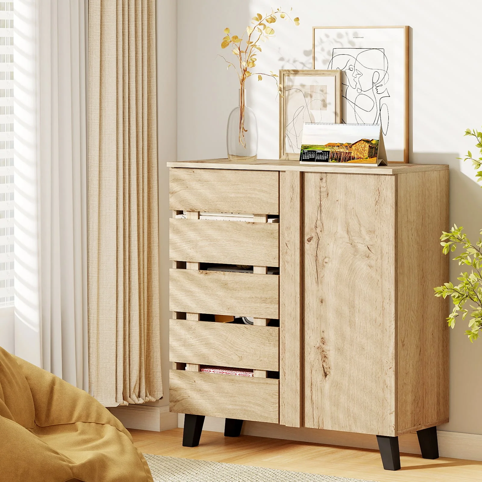 4-Tier Shoe Cabinet 2-Door Storage Organizer with Louvered Door, Natural - Image 2