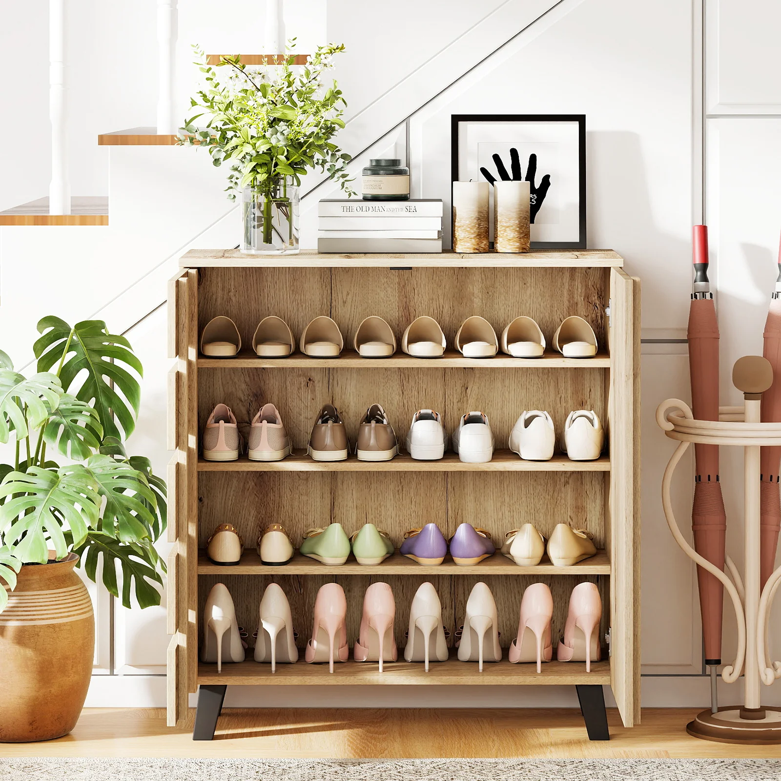 4-Tier Shoe Cabinet 2-Door Storage Organizer with Louvered Door, Natural - Image 3