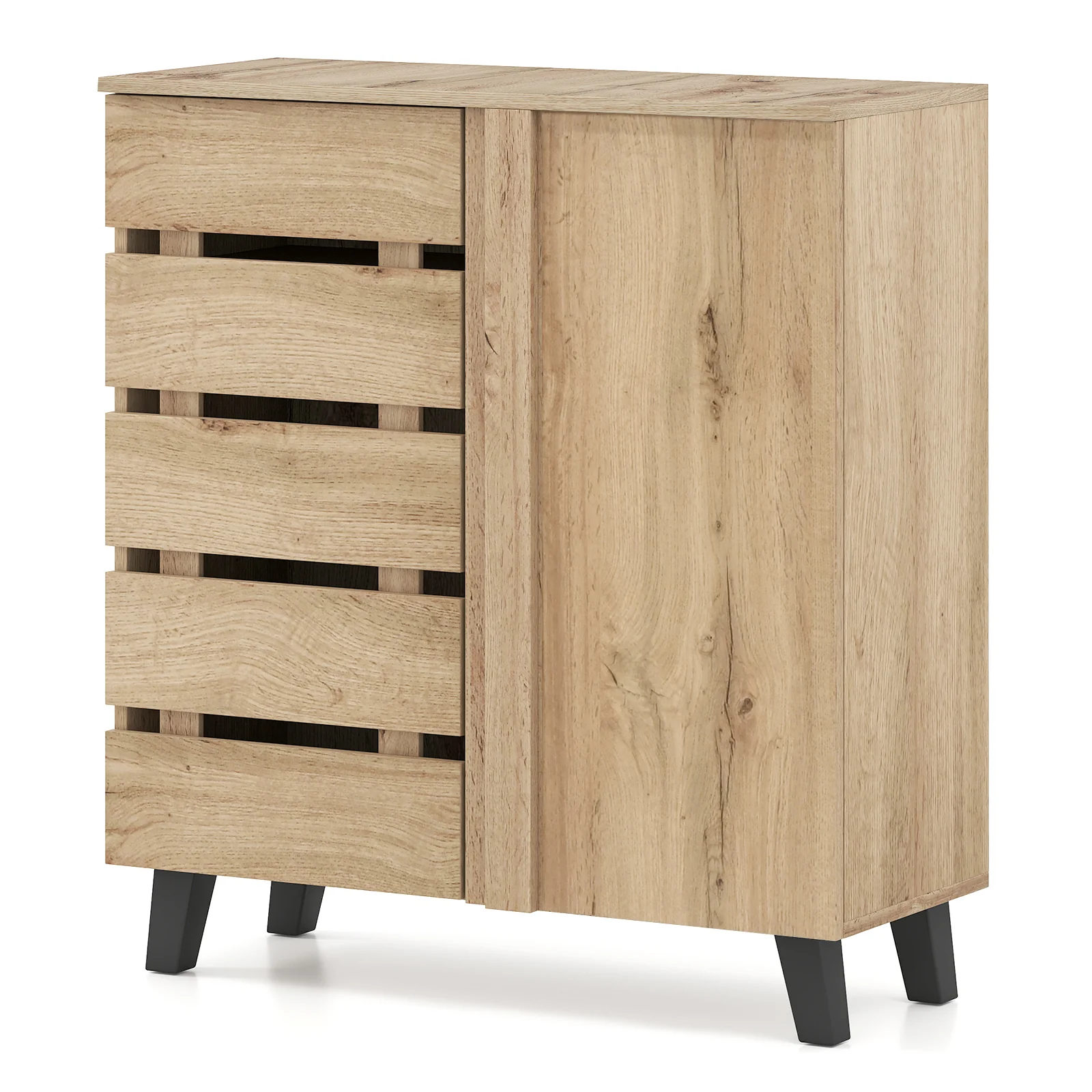 4-Tier Shoe Cabinet 2-Door Storage Organizer with Louvered Door, Natural - Image 5