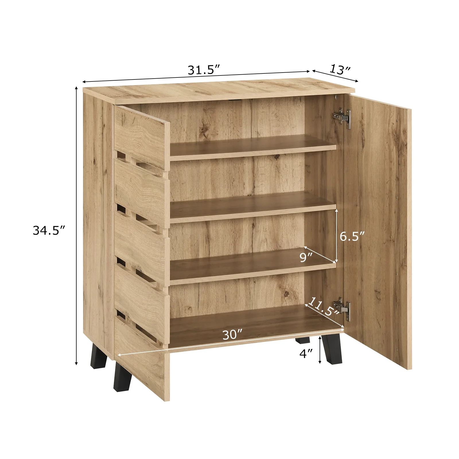 4-Tier Shoe Cabinet 2-Door Storage Organizer with Louvered Door, Natural - Image 6