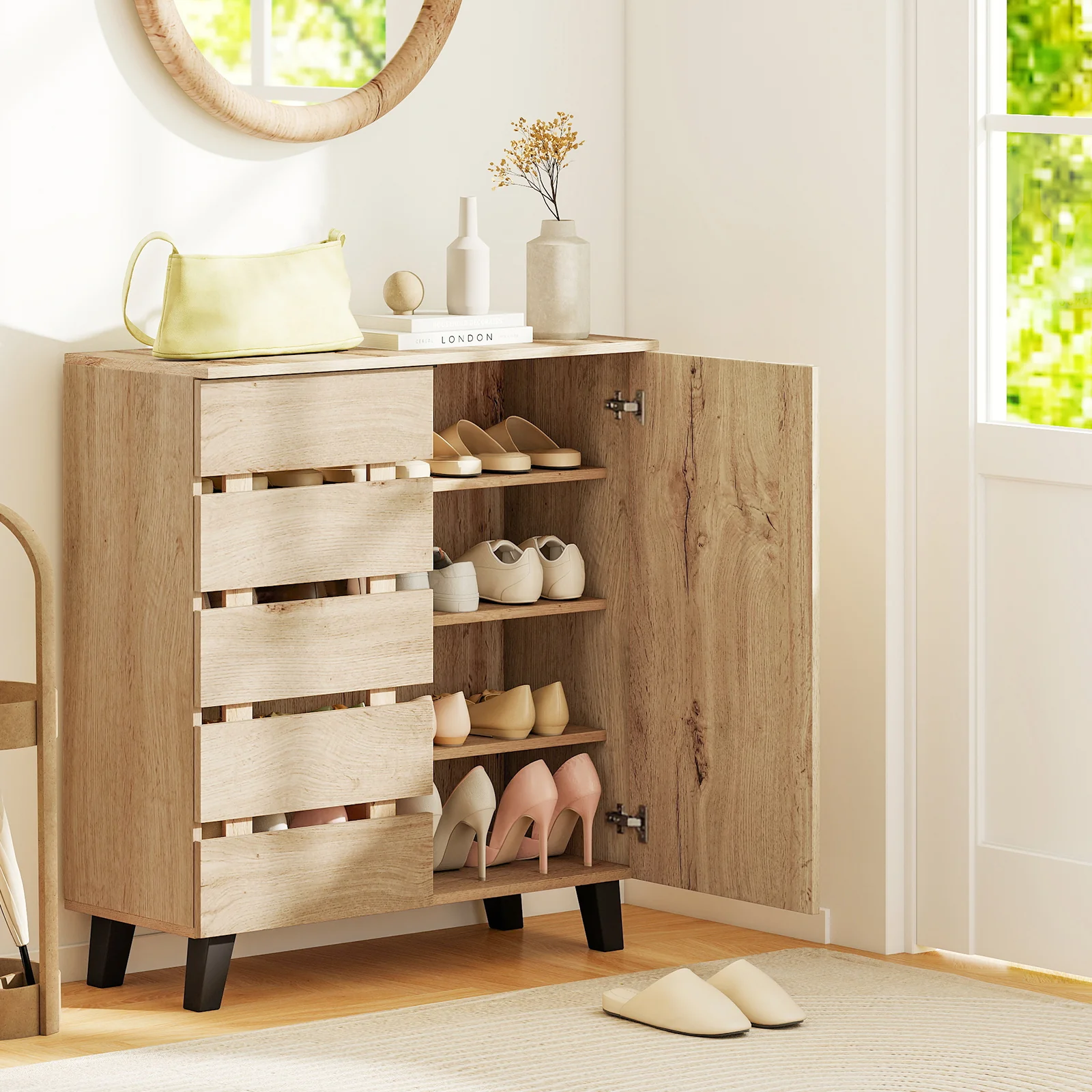 4-Tier Shoe Cabinet 2-Door Storage Organizer with Louvered Door, Natural - Image 7