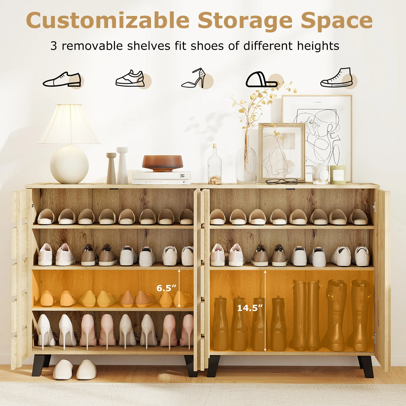 4-Tier Shoe Cabinet 2-Door Storage Organizer with Louvered Door, Natural - Image 8