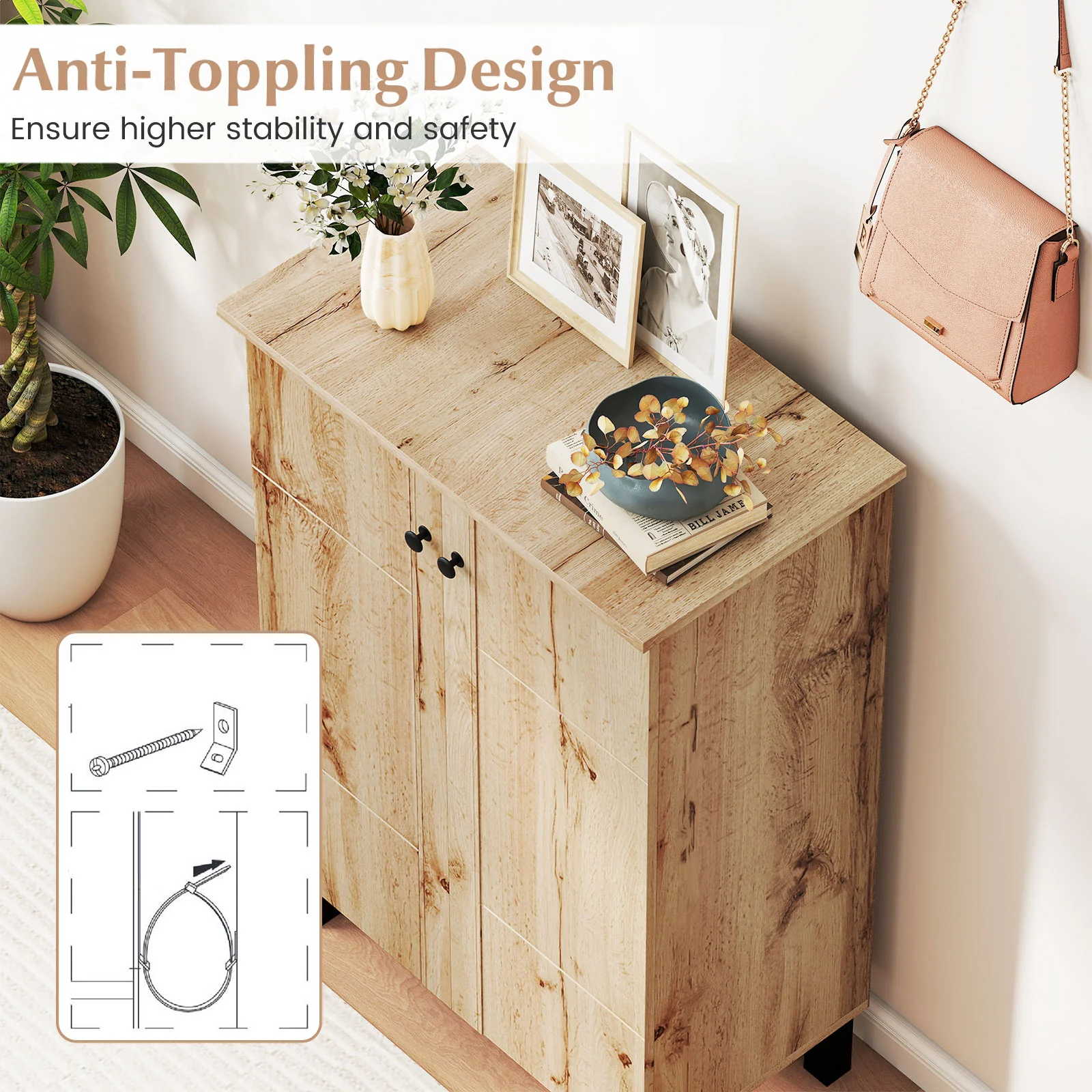 4-Tier Shoe Organizer with Removable Shelves and 2 Doors, Natural - Image 10