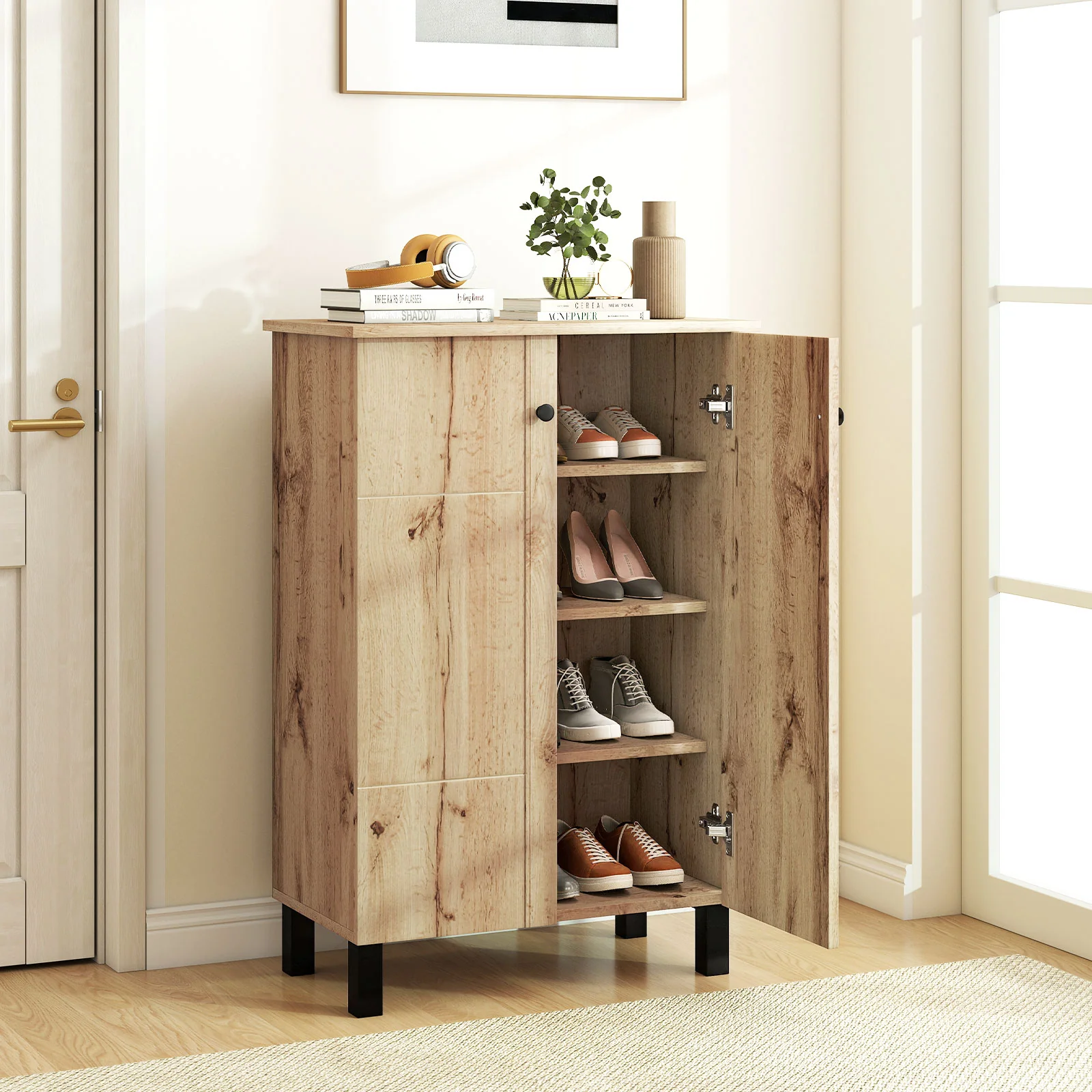 4-Tier Shoe Organizer with Removable Shelves and 2 Doors, Natural - Image 2