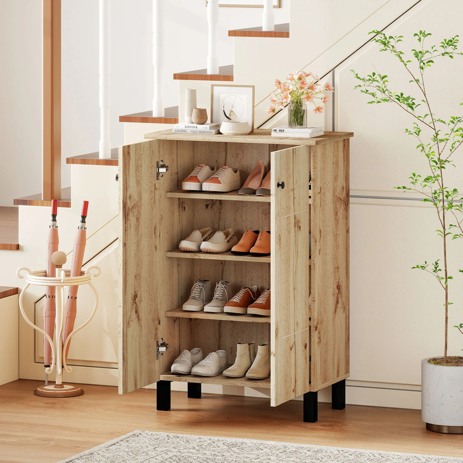 4-Tier Shoe Organizer with Removable Shelves and 2 Doors, Natural - Image 3
