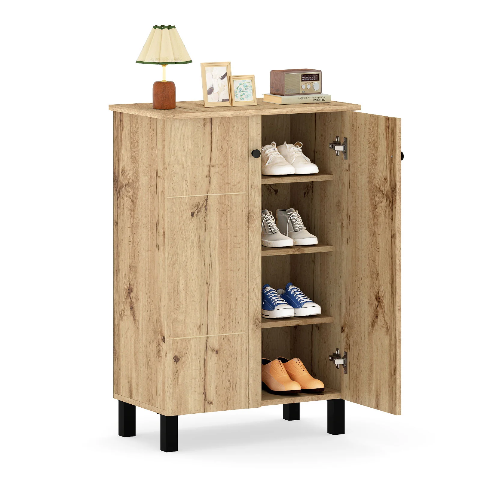 4-Tier Shoe Organizer with Removable Shelves and 2 Doors, Natural - Image 4