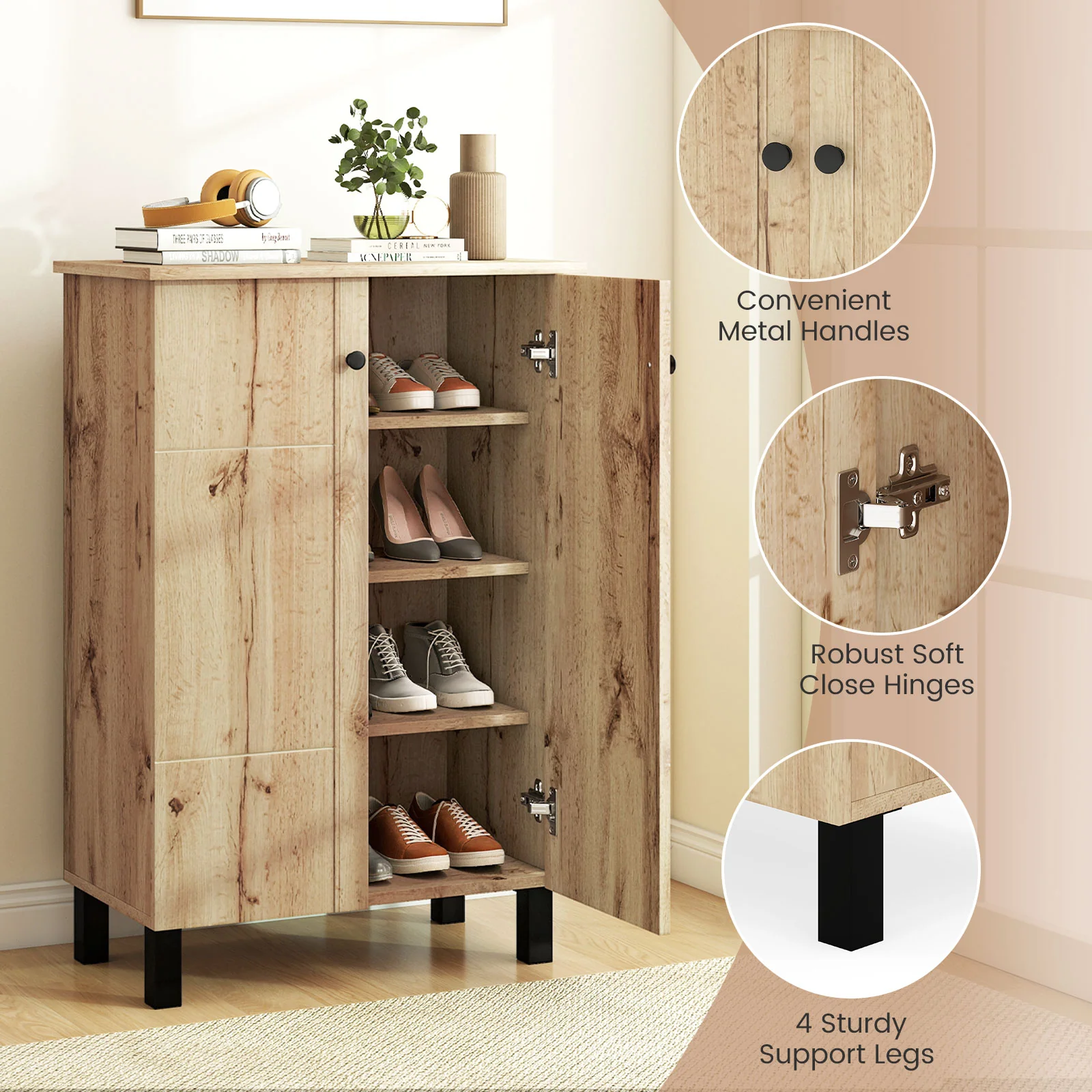 4-Tier Shoe Organizer with Removable Shelves and 2 Doors, Natural - Image 5