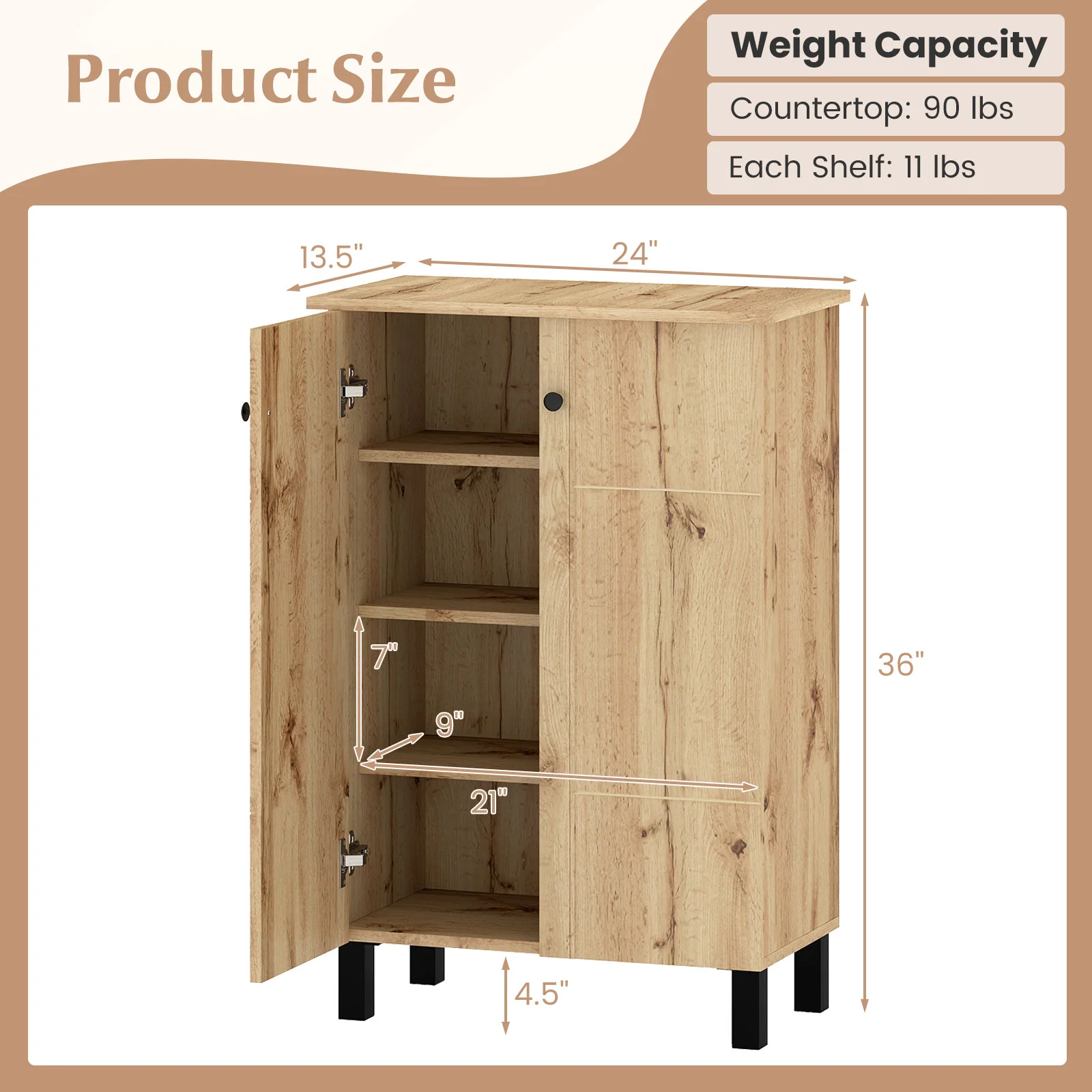 4-Tier Shoe Organizer with Removable Shelves and 2 Doors, Natural - Image 6