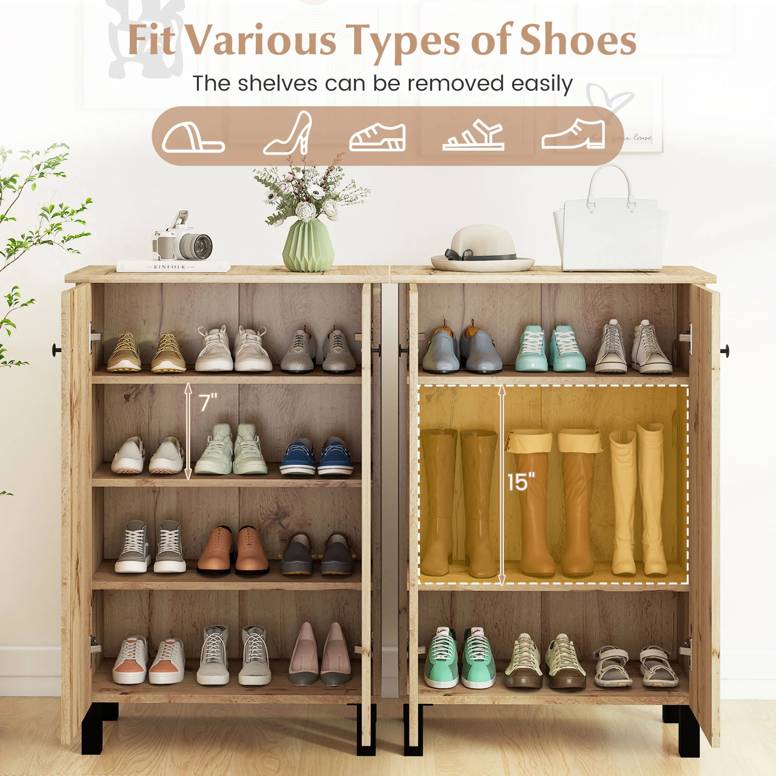 4-Tier Shoe Organizer with Removable Shelves and 2 Doors, Natural - Image 8